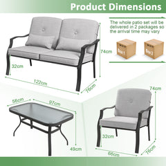 4 Piece Patio Conversation Set with Tempered Glass Coffee Table-Grey