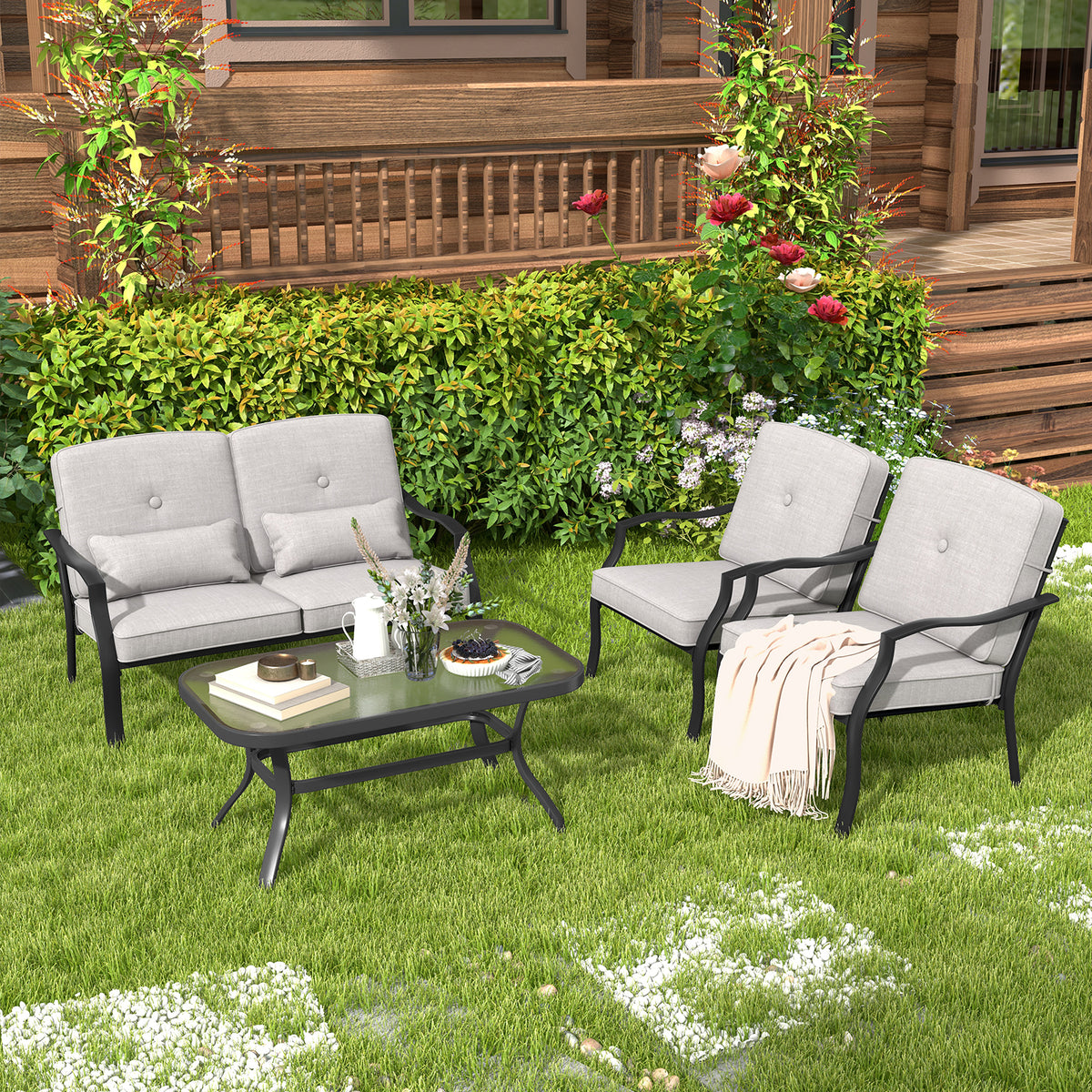 4 Piece Patio Conversation Set with Tempered Glass Coffee Table-Grey