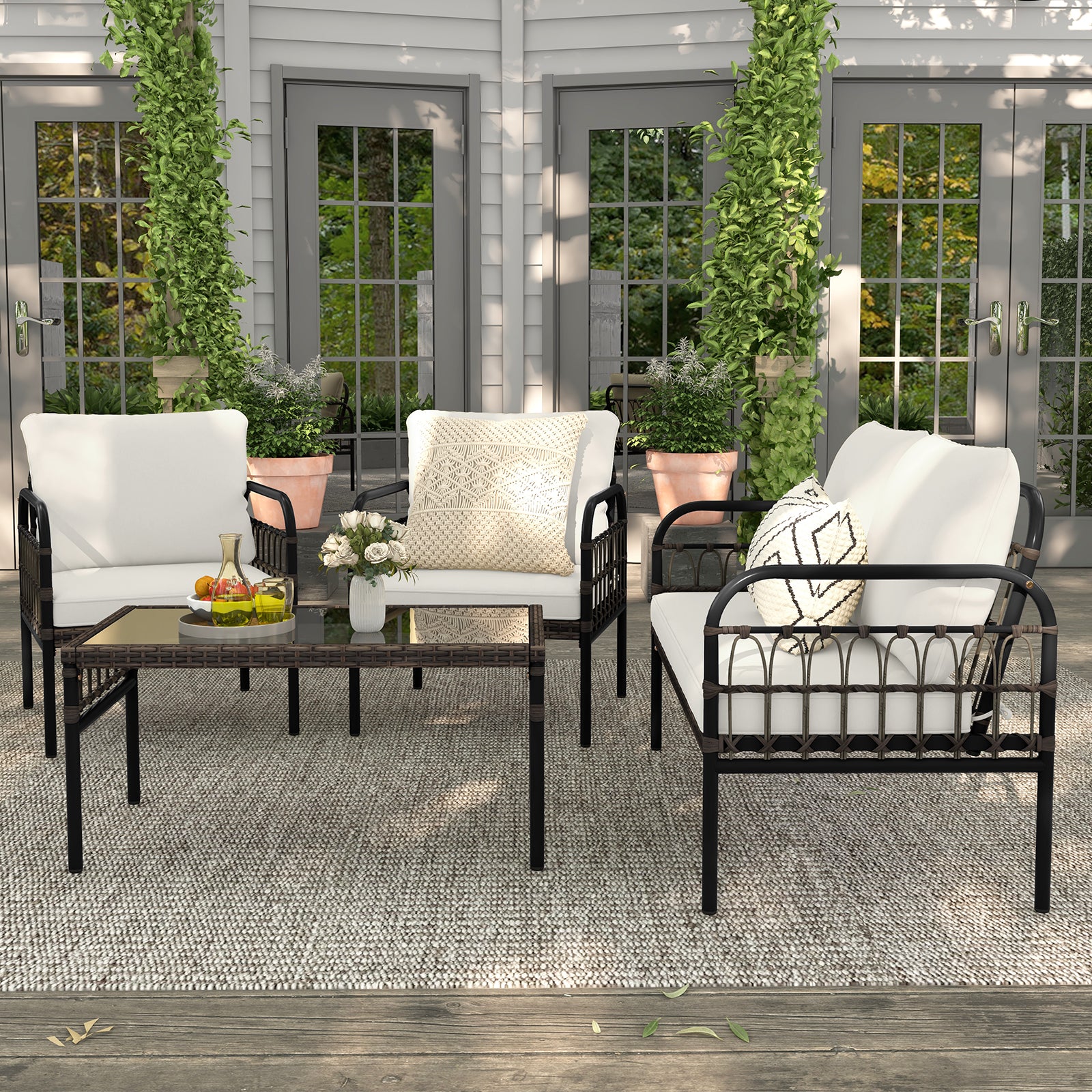 4 Pieces Patio Furniture Set with Soft Cushions-White
