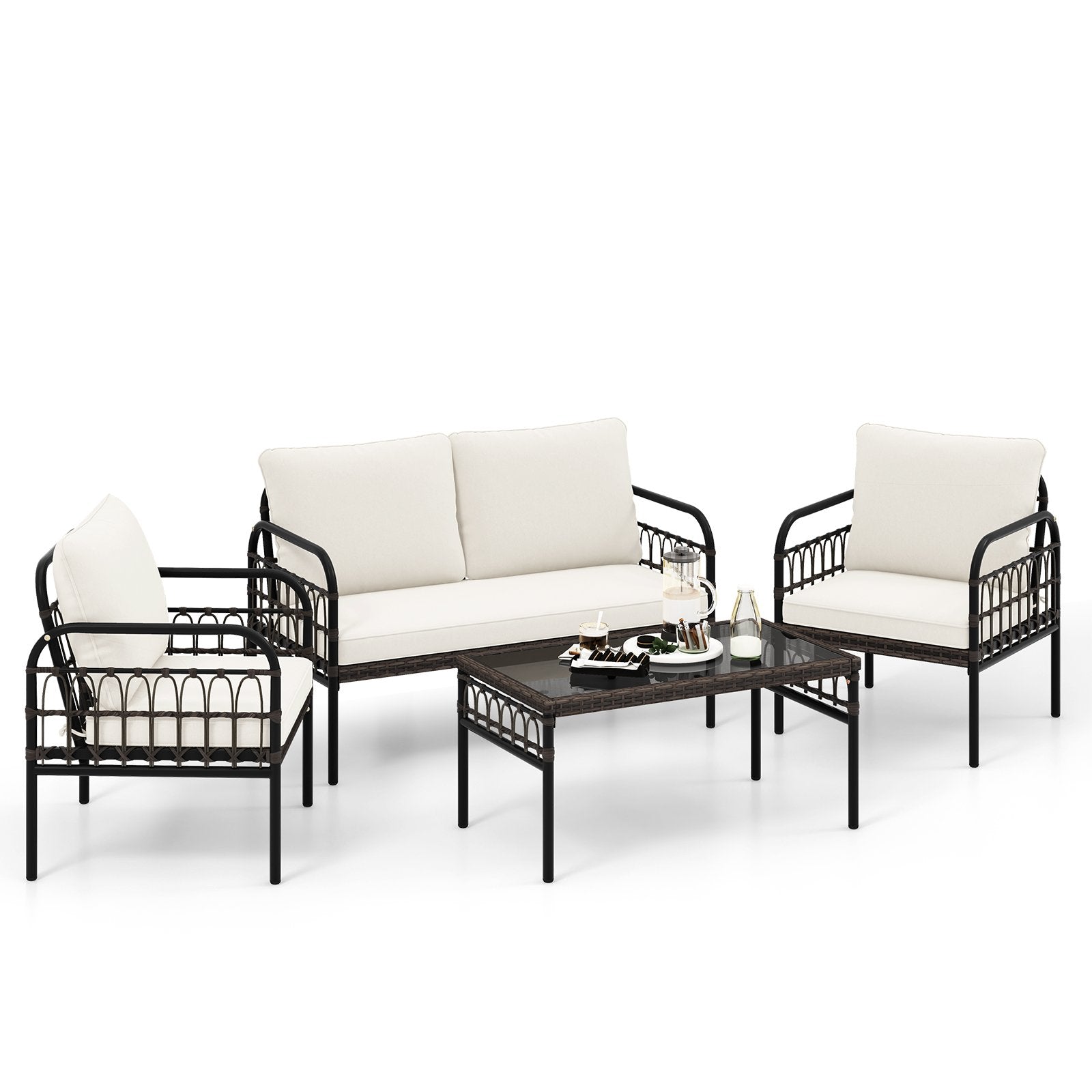 4 Pieces Patio Furniture Set with Soft Cushions-White