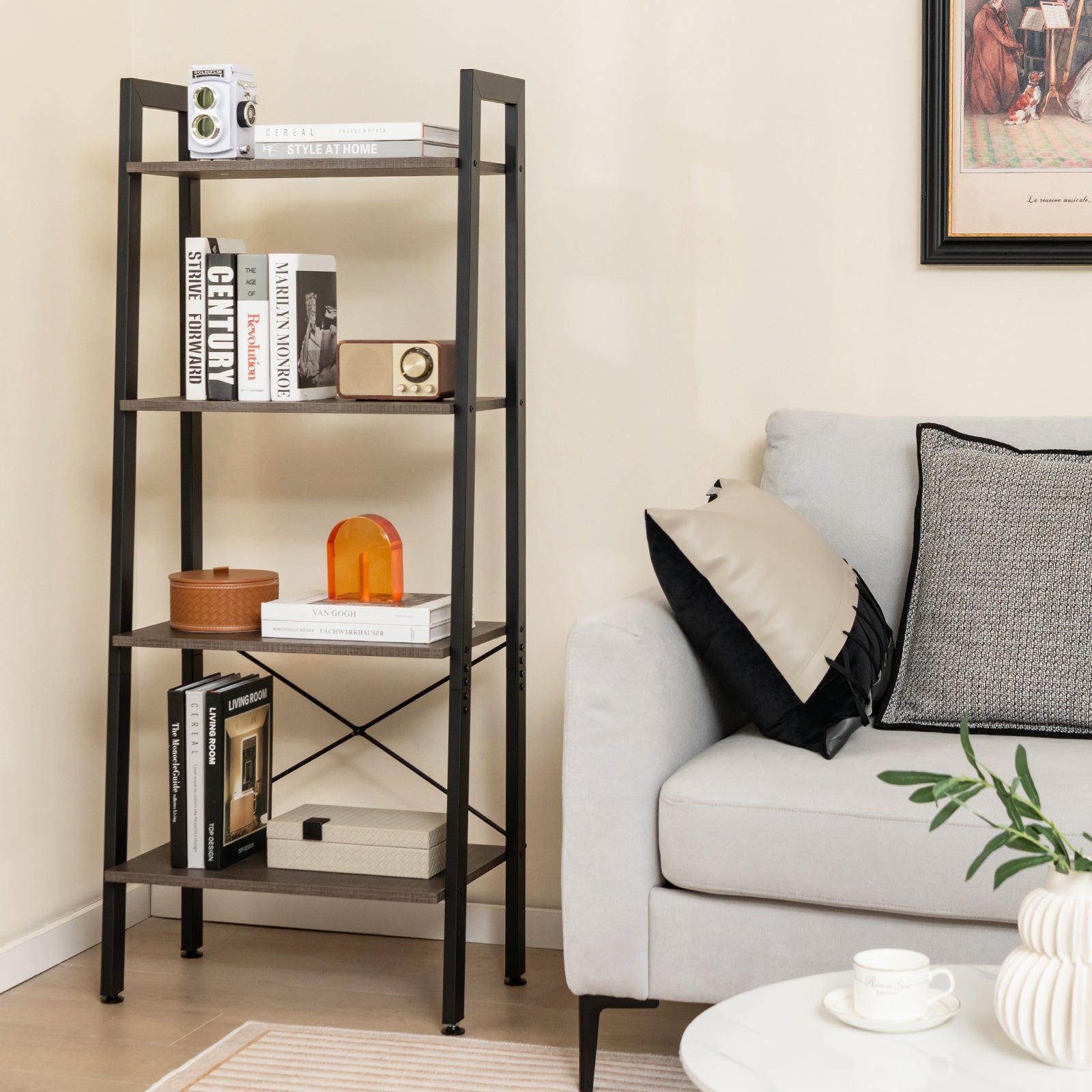 4-Tier Bookshelf with Metal Frame-Brown