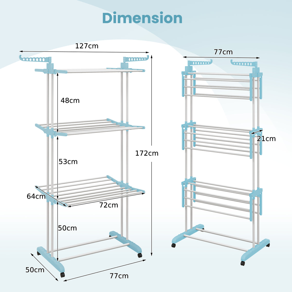 4-Tier Foldable Airer Clothes Drying Rack with Wings and Casters-Blue
