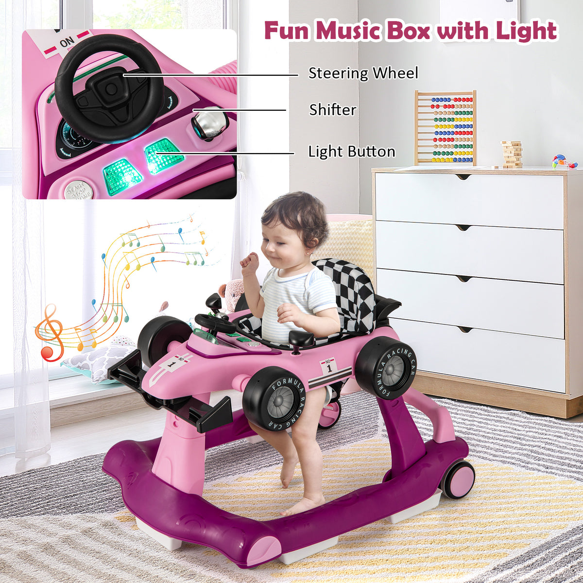 4-in-1 Baby Push Walker with Adjustable Height and Speed in Cream Pink
