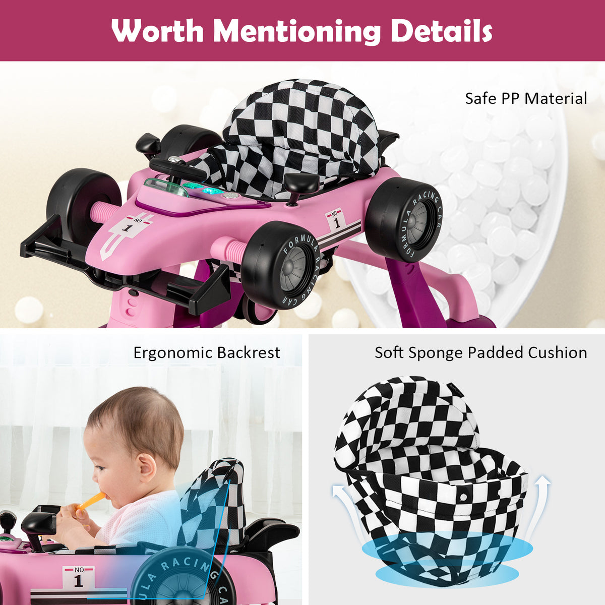 4-in-1 Baby Push Walker with Adjustable Height and Speed in Cream Pink