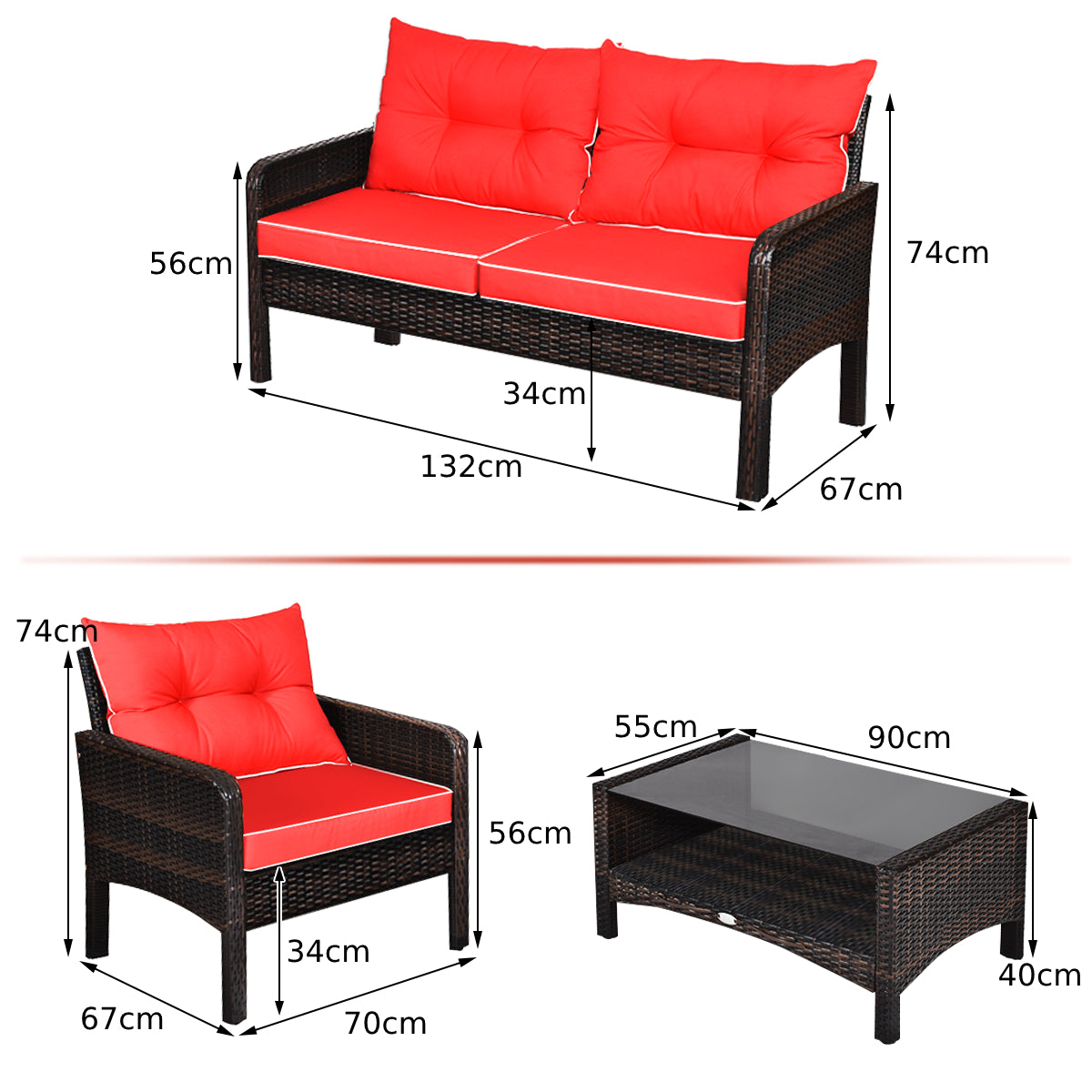 4 Pieces PE Rattan Patio Conversation Set-Red