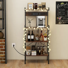 4-Tier Kitchen Bakers Rack with Power Outlet and 8 S-Hooks-Rustic Brown