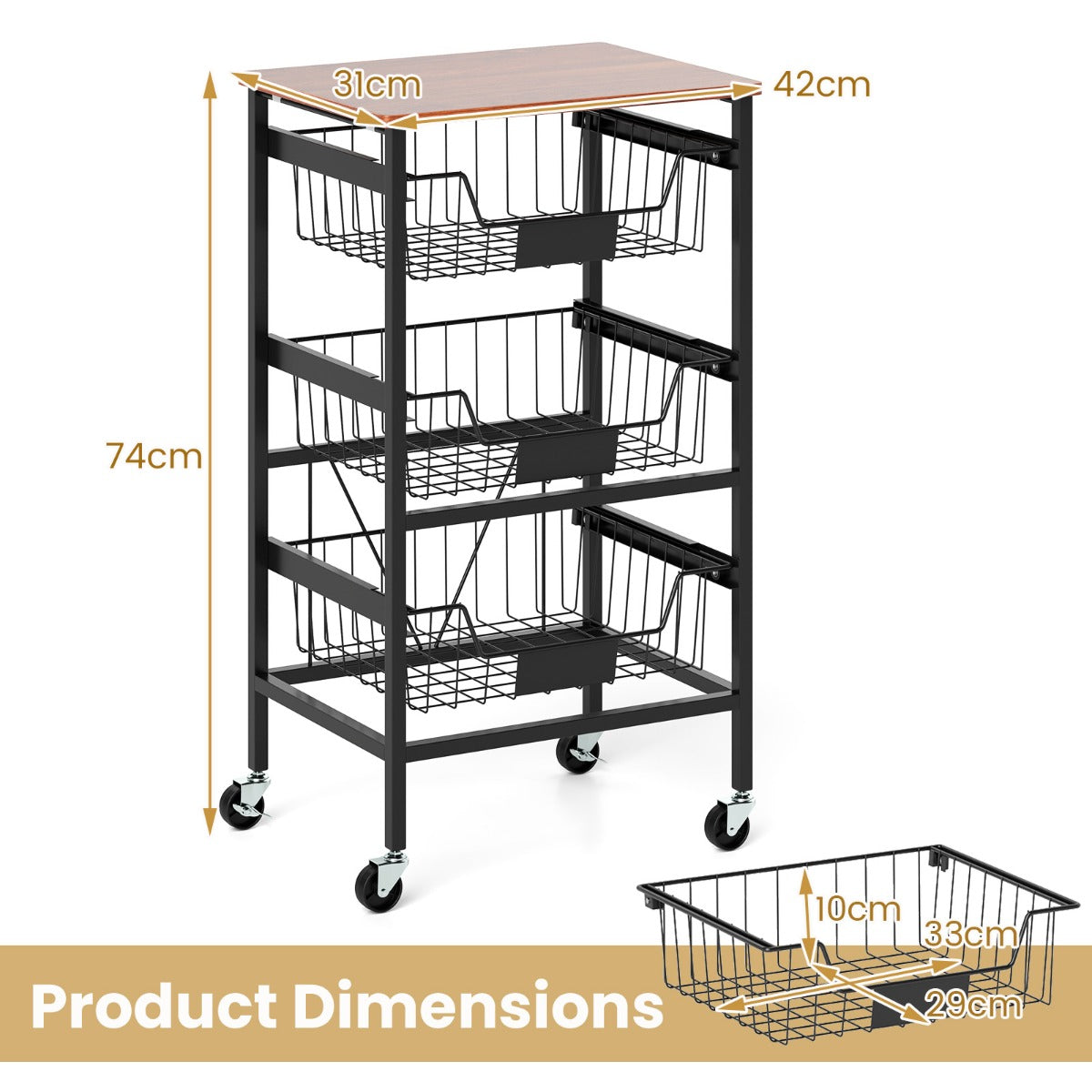 4/5-Tier Kitchen Storage Cart with Wooden Top and DIY Chalk Labels-4-Tier