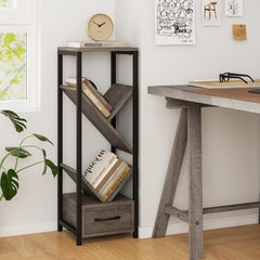4 Tier Tree Bookshelf with Drawer and Metal Frame for Living Room Bedroom-Grey