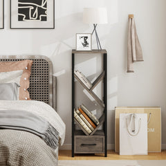 4 Tier Tree Bookshelf with Drawer and Metal Frame for Living Room Bedroom-Grey