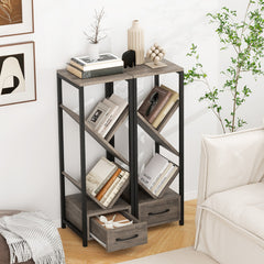 4 Tier Tree Bookshelf with Drawer and Metal Frame for Living Room Bedroom-Grey