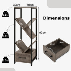 4 Tier Tree Bookshelf with Drawer and Metal Frame for Living Room Bedroom-Grey