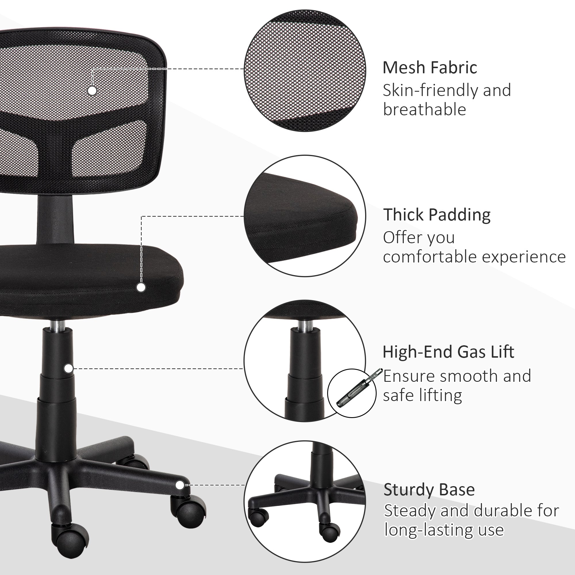 Vinsetto Small Office Chair without Arms, Ergonomic Swivel Mesh Desk Chair with Curved Back and Wheels, Height Adjustable, for Home Vanity Computer Dressing Table Study Bedroom, Holds Up to 120 kg