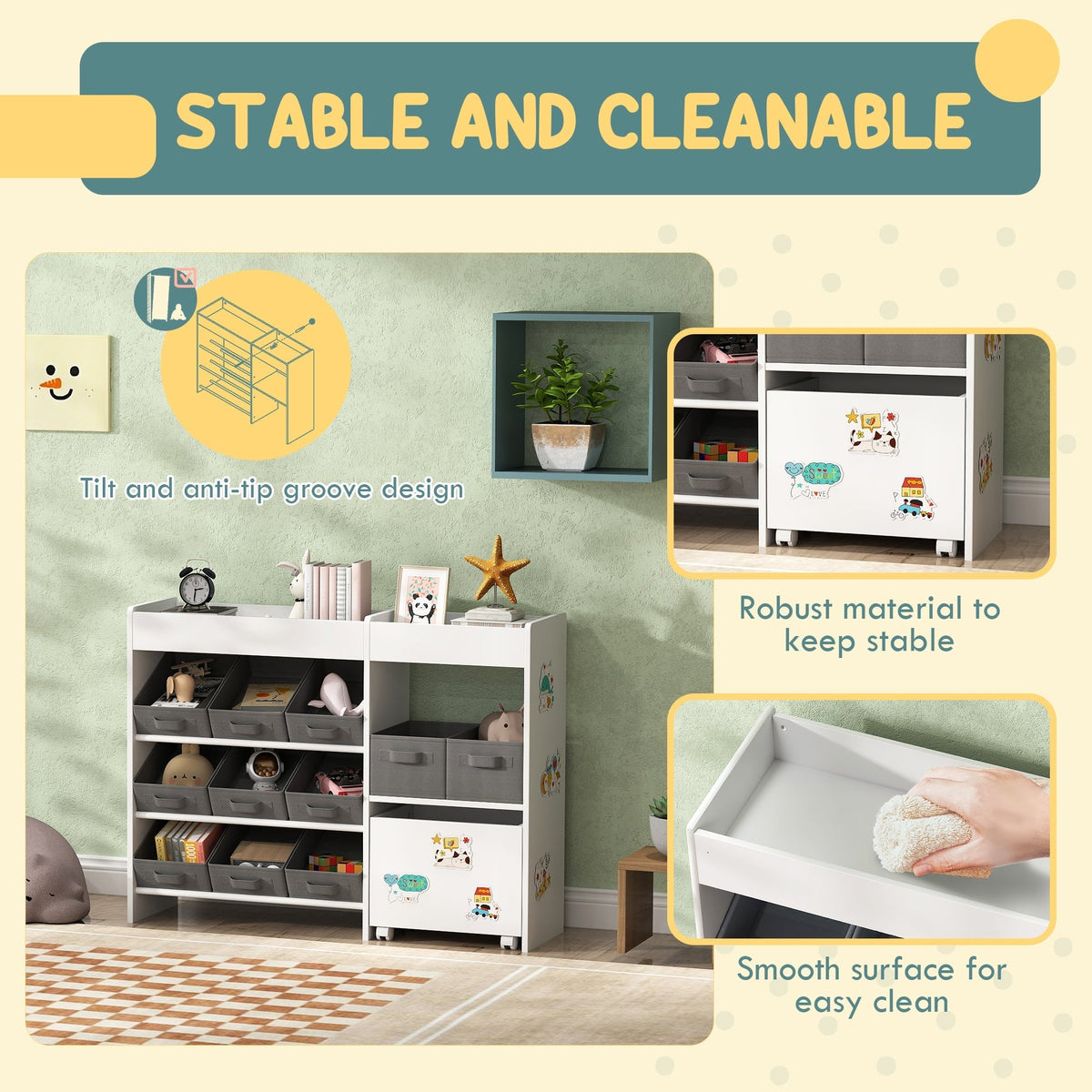 AIYAPLAY Kids Toy Storage Unit with 11 Bins, Cabinet, Top Shelves, 3 Stickers, for Nursery, Playroom, White