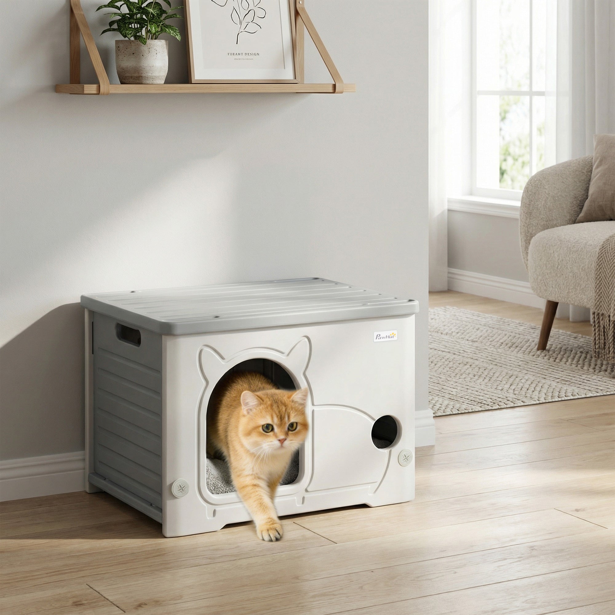 PawHut Cat House Stackable Pet Shelter with Removable Cushion for Indoor Outdoor Use Grey
