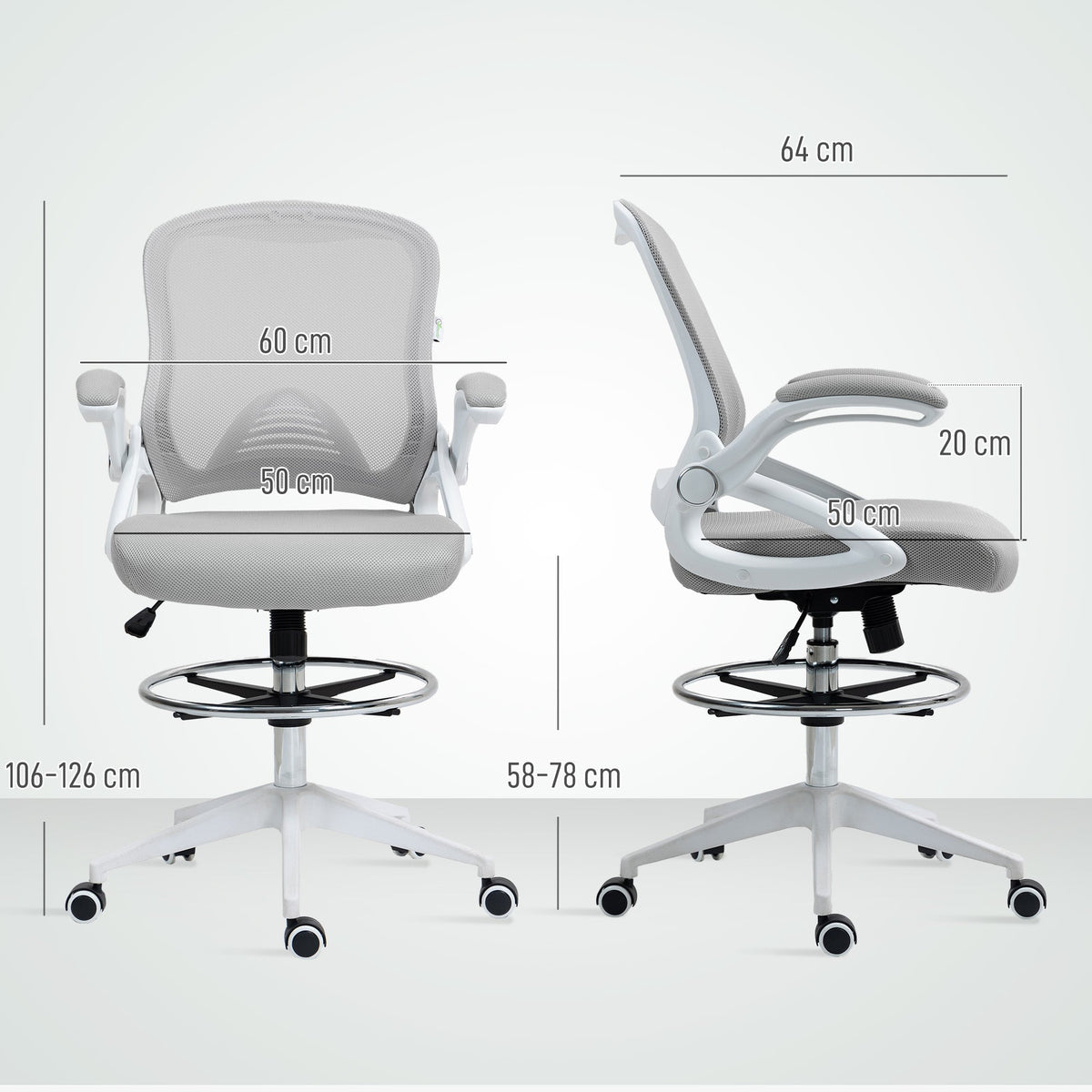 Vinsetto Drafting Chair with Flip-up Armrest, Mesh Office Stool with Foot Ring, 360 Degree Swivel Height Adjustable Chair for Standing Desk, Light Grey