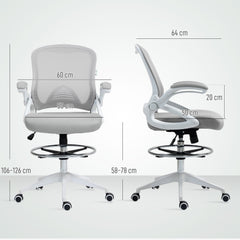 Vinsetto Drafting Chair with Flip-up Armrest, Mesh Office Stool with Foot Ring, 360 Degree Swivel Height Adjustable Chair for Standing Desk, Light Grey