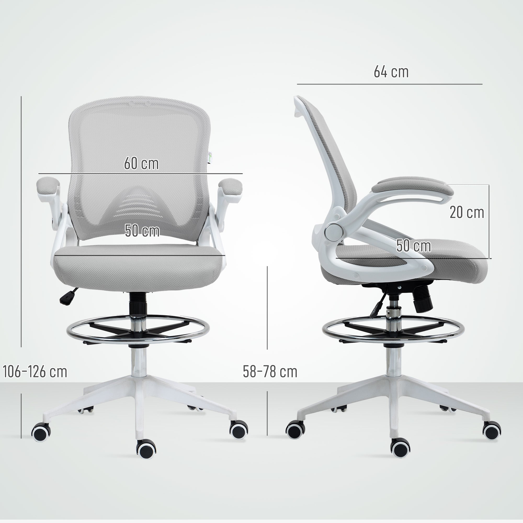 Vinsetto Drafting Chair with Flip-up Armrest, Mesh Office Stool with Foot Ring, 360 Degree Swivel Height Adjustable Chair for Standing Desk, Light Grey