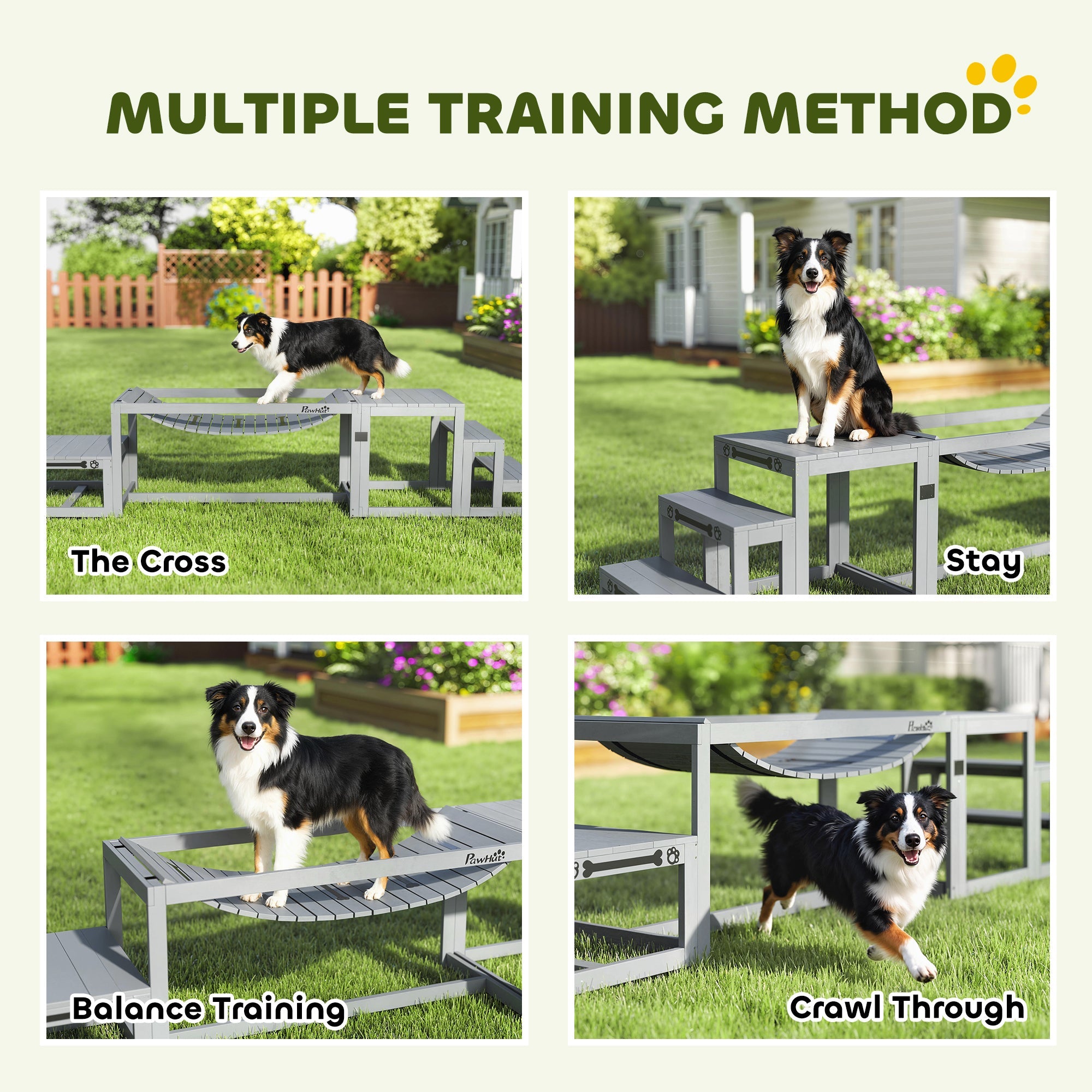 PawHut 3 Pieces Wooden Dog Agility Training Equipment with Soft Bridge, Pause Platform and Pet Stair for Outdoor, Grey