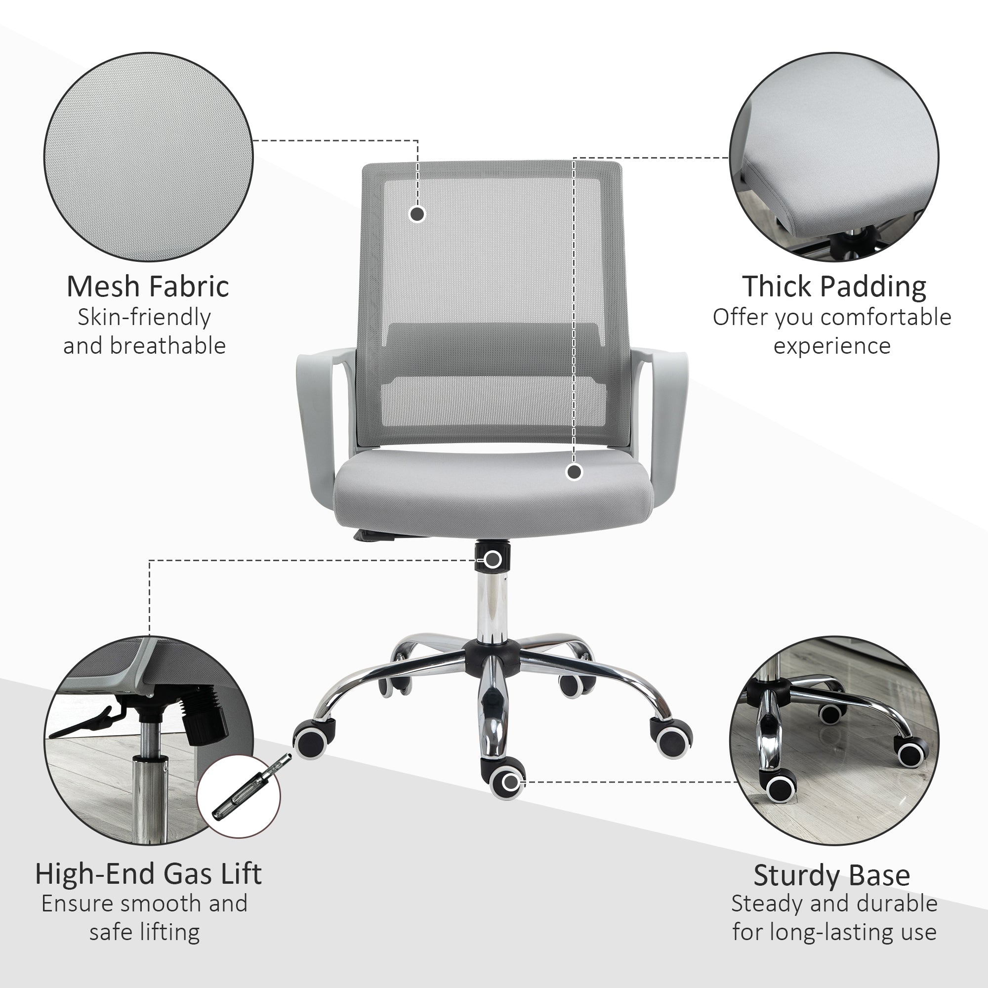 Vinsetto Ergonomic Desk Chair Mesh Office Chair with Adjustable Height Armrest and 360√Ç¬∞ Swivel Castor Wheels Grey
