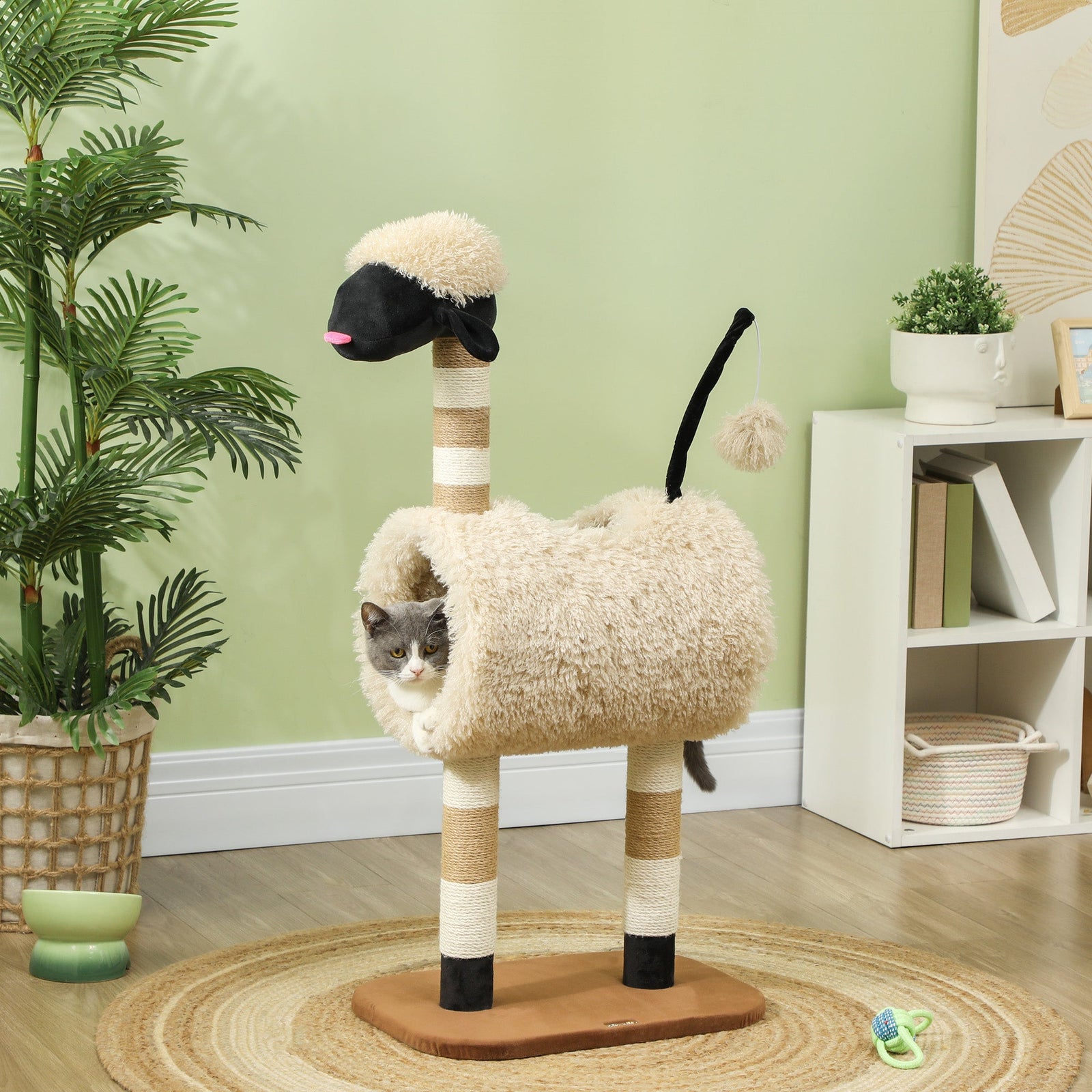 PawHut Cat Tree Sheep Design, 98 cm Multi-Level Cat Tower with Scratching Posts, Tunnel & Play Ball, Light Brown