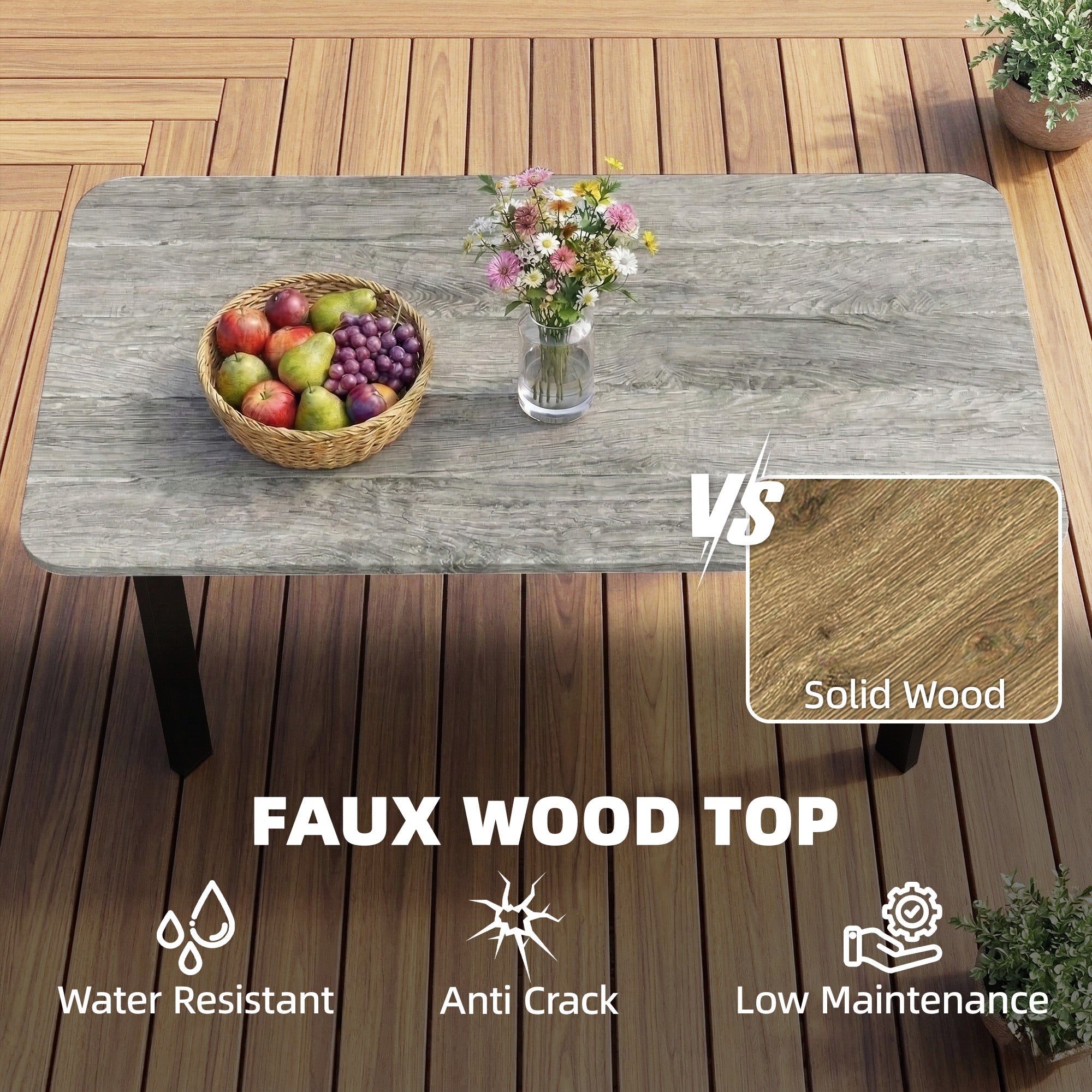 Outsunny Outdoor Garden Coffee Table, Garden Table with Slatted Wood Plastic Composite Top and Metal Frame, Grey