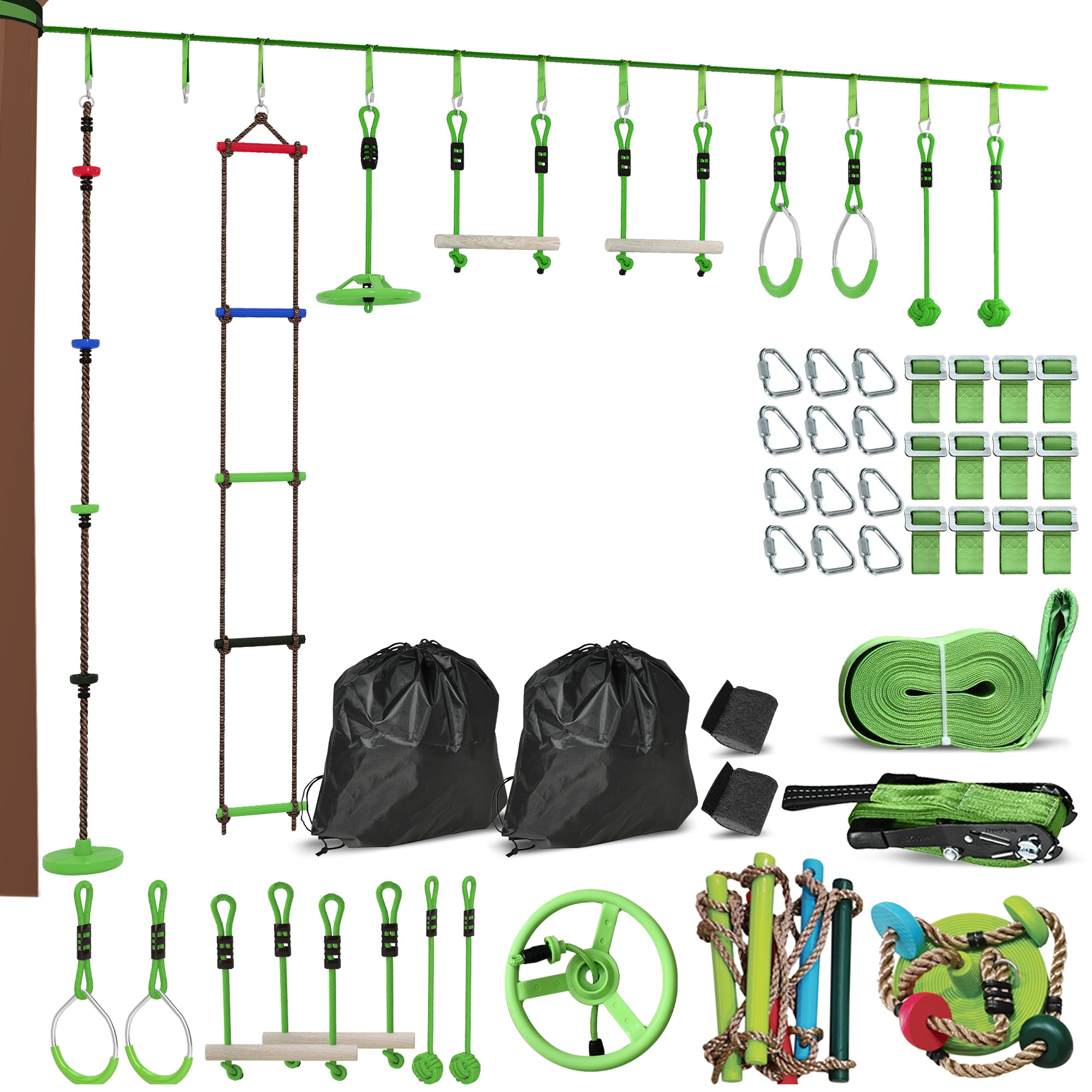 AIYAPLAY Obstacle course for Kids, with 10-Piece Slackline Kit with Monkey Bars, Gym Rings, Rope Ladder, Nest Swing, Hanging Tray
