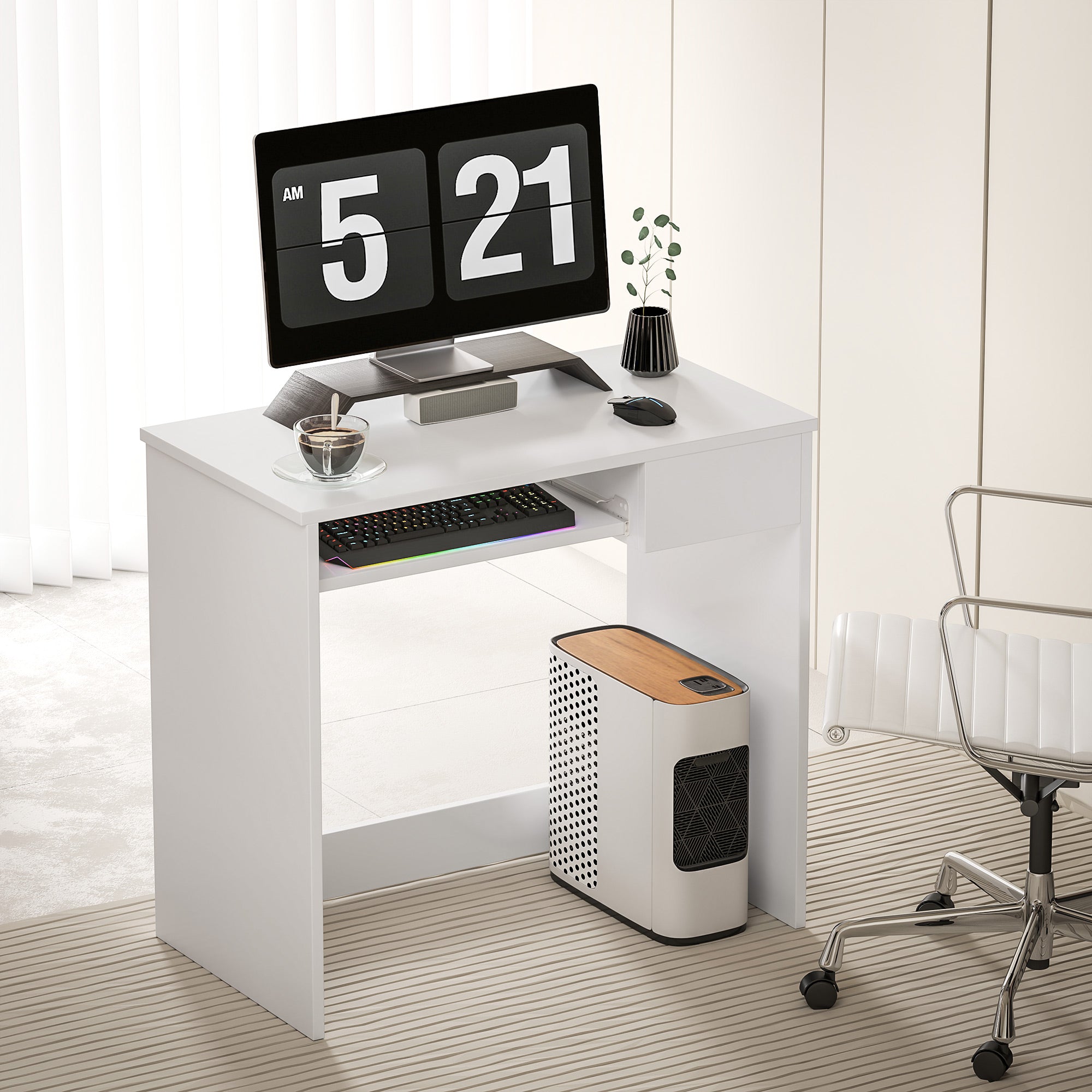 HOMCOM 80cm Compact Computer Desk with Keyboard Tray, Home Office Desk with Drawer for Bedroom Study, White