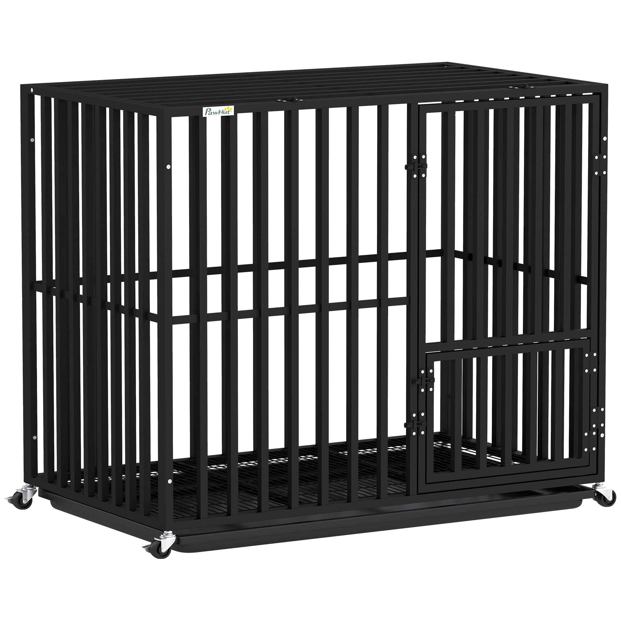 PawHut Heavy Duty Dog Crate, Dog Cage with Wheels for Medium Large Breeds, Metal Pet Kennel with Removable Tray