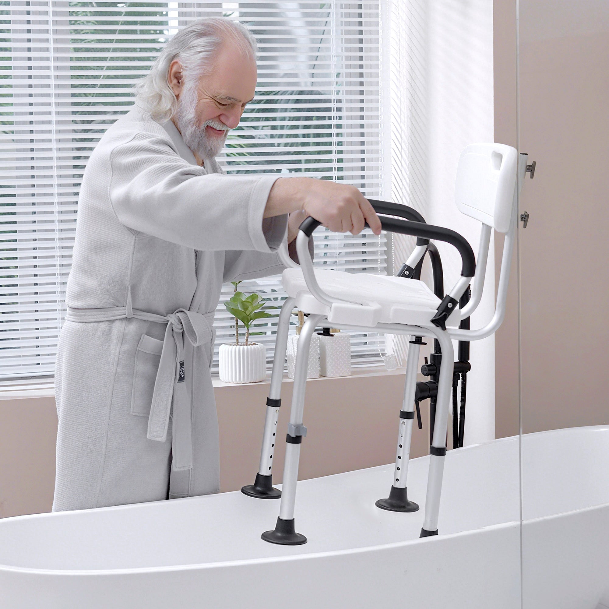HOMCOM Shower Chair for the Elderly and Disabled, Height Adjustable Shower Stool with Back and Flipped Padded Arms, Suction Foot Pads, White