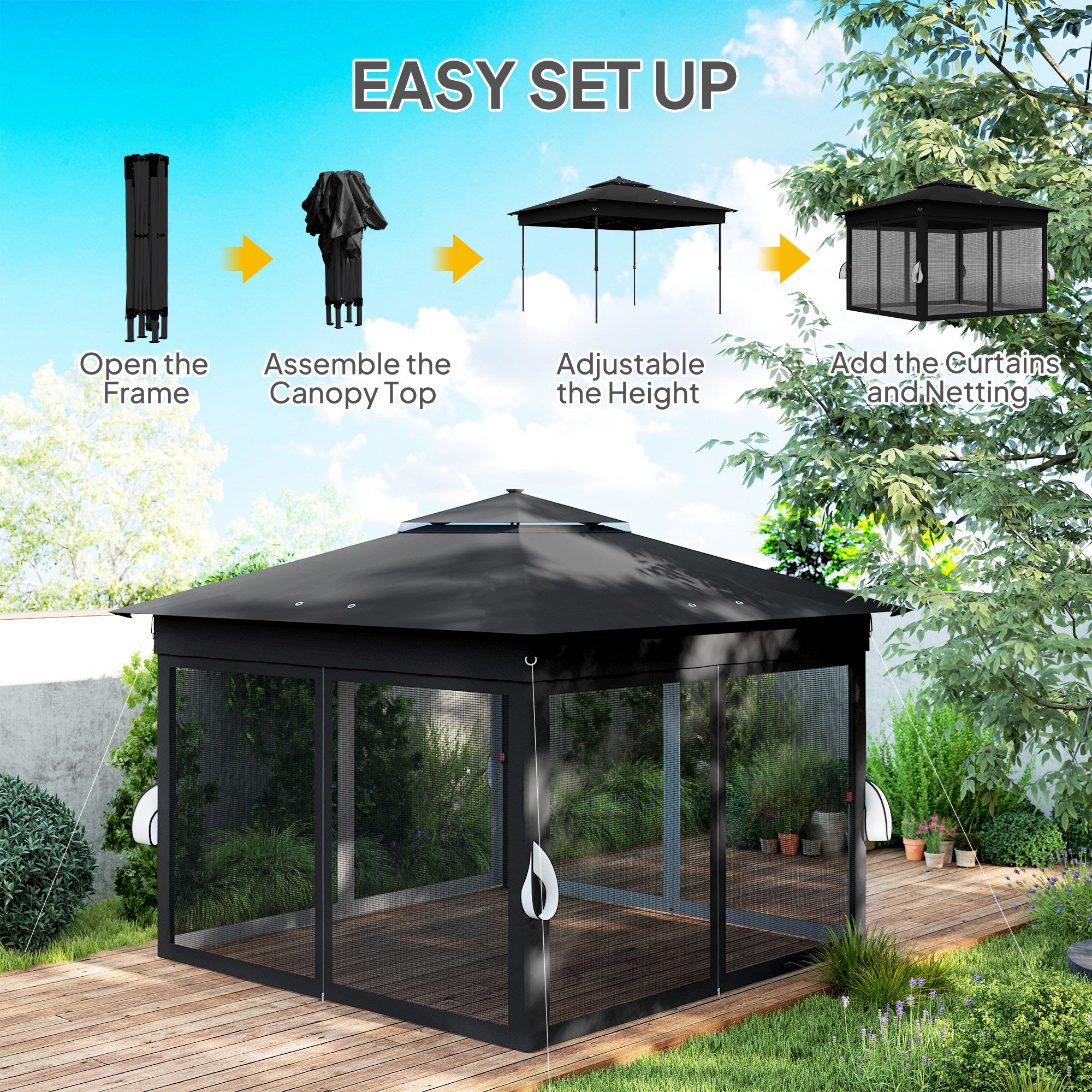 Outsunny 3 x 3(m) Pop Up Gazebo Party Tent with Solar-Powered LED Lights, Adjustable Event Shelter with Netting, Black