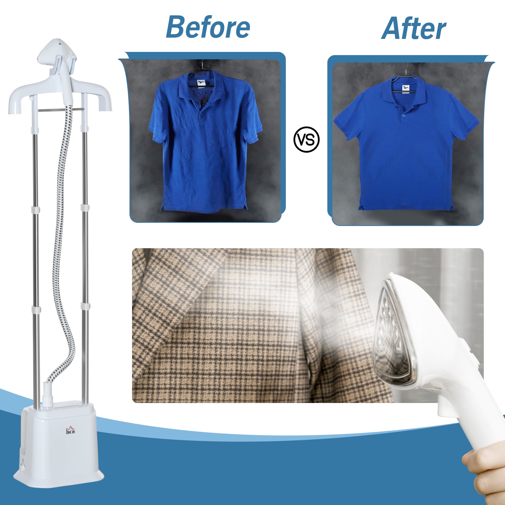 HOMCOM Upright Garment Clothes Steamer with 6 Steam Setting, 45s Fast Heat-up, 1.7L Water Tank and 35g/min steam flow, Wrinkle and Odour Remover Suitable for all Fabrics, 1960W, White