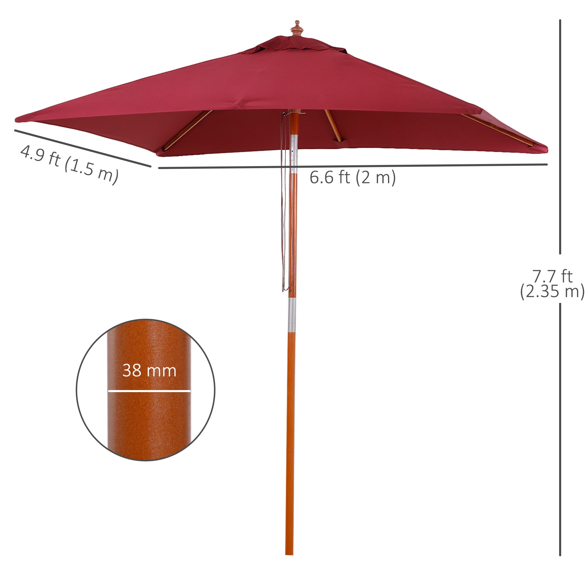 Outsunny 2m x 1.5m Garden Parasol Umbrella with Tilting Sunshade Canopy, Outdoor Market Table Umbrella with Wood and Bamboo Frame, Wine Red