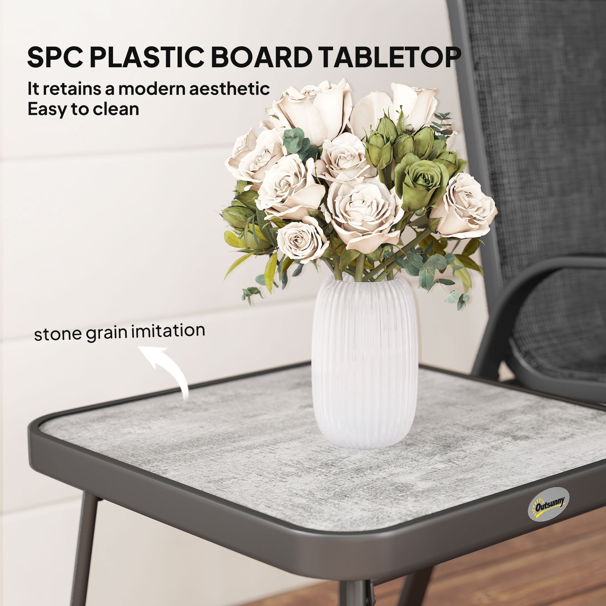 Outsunny 3 Pieces Outdoor Bistro Set, Patio Stackable Armchairs with Breathable Mesh Fabric and SPC Board Coffee Table, Black