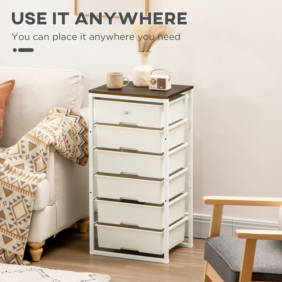 HOMCOM Bedroom Chest of Drawers, 6-Drawer Dresser, Tall Storage Drawer Unit with Steel Frame for Living Room, White