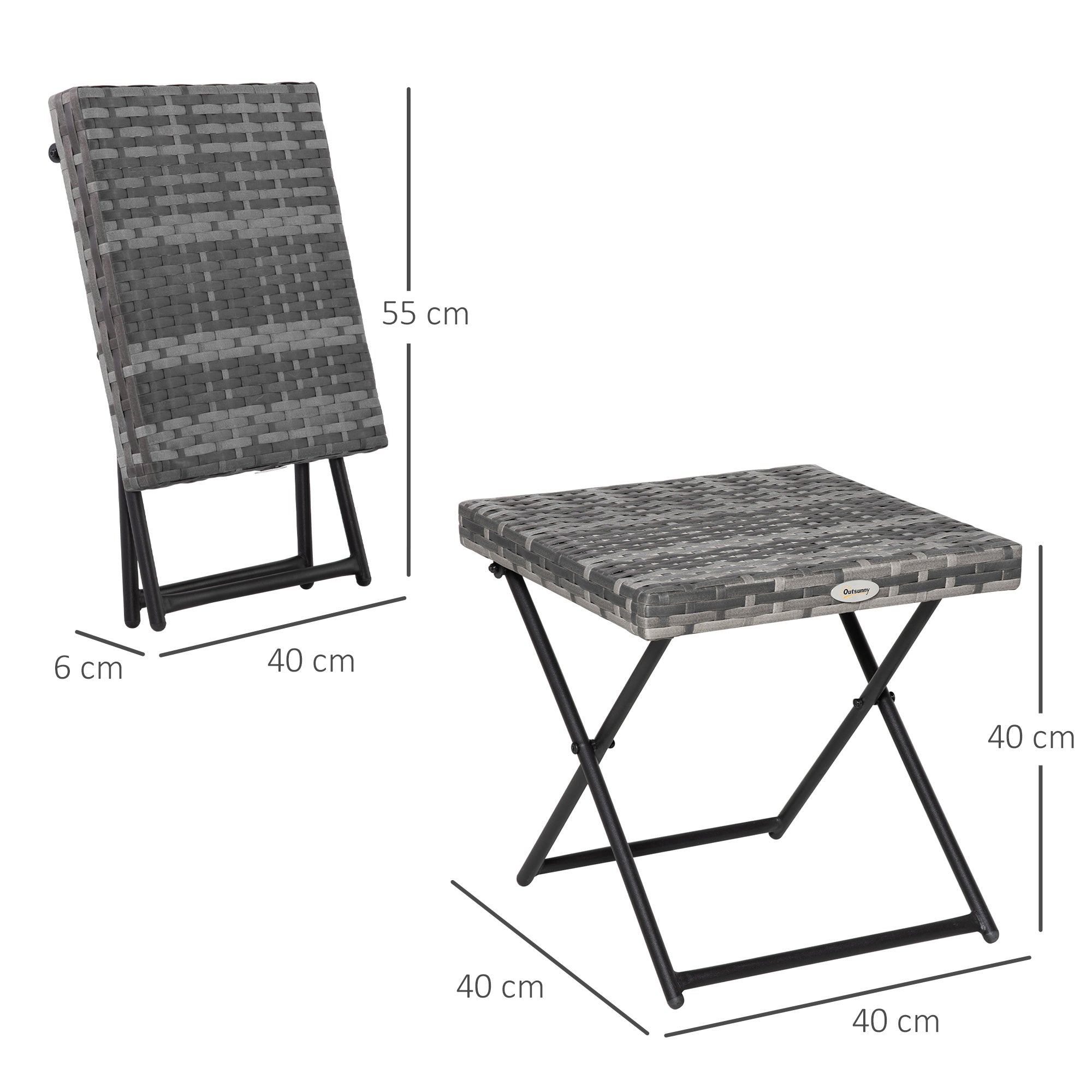 Outsunny Square PE Wicker Rattan Folding Table,Weather Resistant Wicker Weave Side Table with Steel Frame, Grey