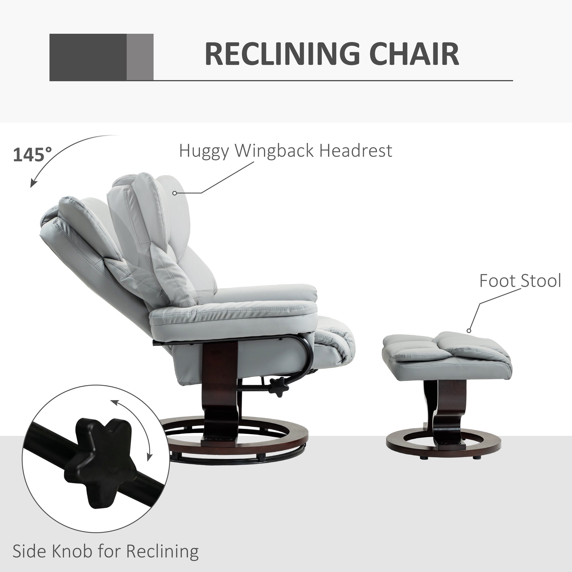 HOMCOM 360 degrees Swivel Recliner Chair with Footstool, PU Leather Manual Recliner Armchair with Footstool, Solid Wood Base, Upholstered Reclining Chair for Living Room, Bedroom, Office, Light Grey