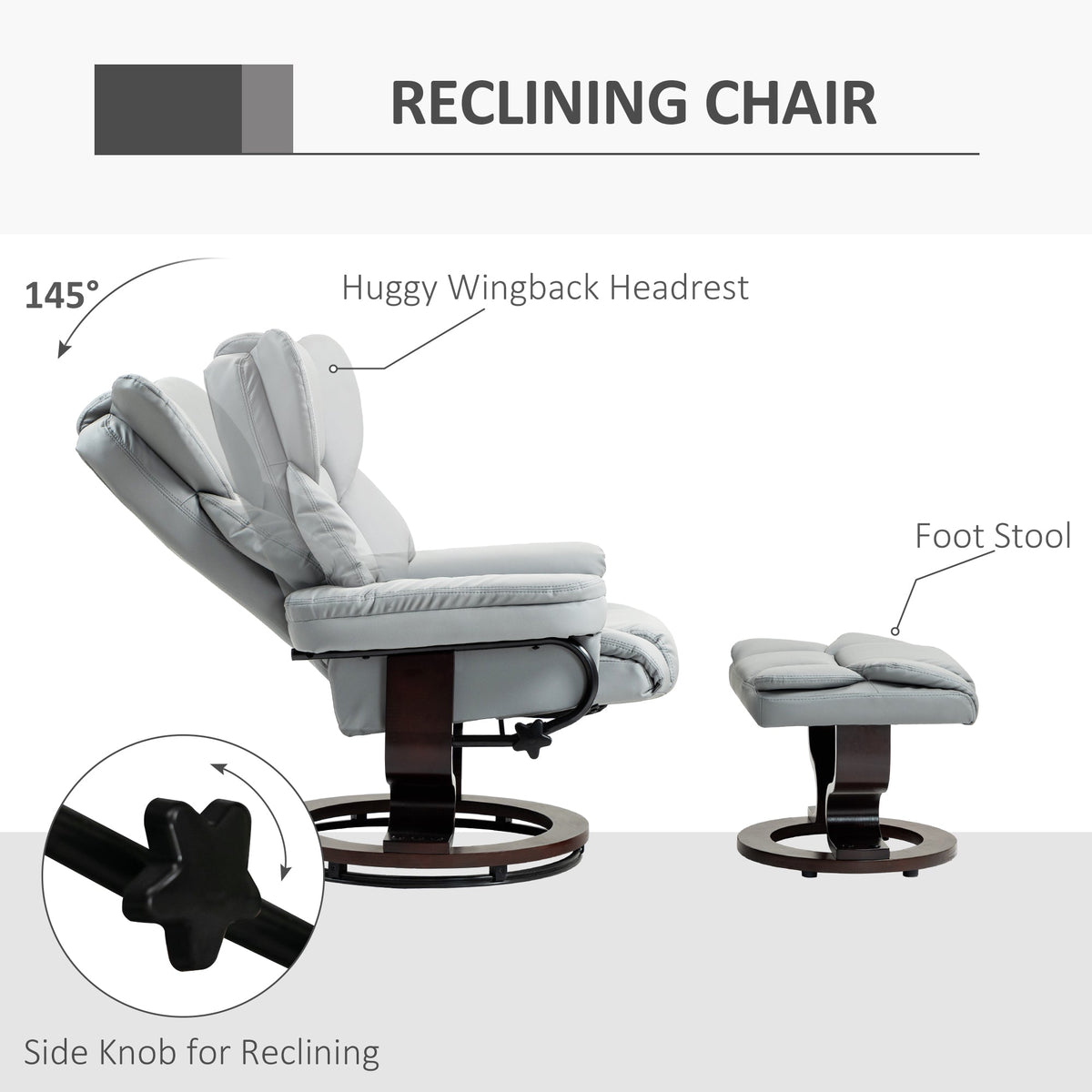 HOMCOM 360 degrees Swivel Recliner Chair with Footstool, PU Leather Manual Recliner Armchair with Footstool, Solid Wood Base, Upholstered Reclining Chair for Living Room, Bedroom, Office, Light Grey