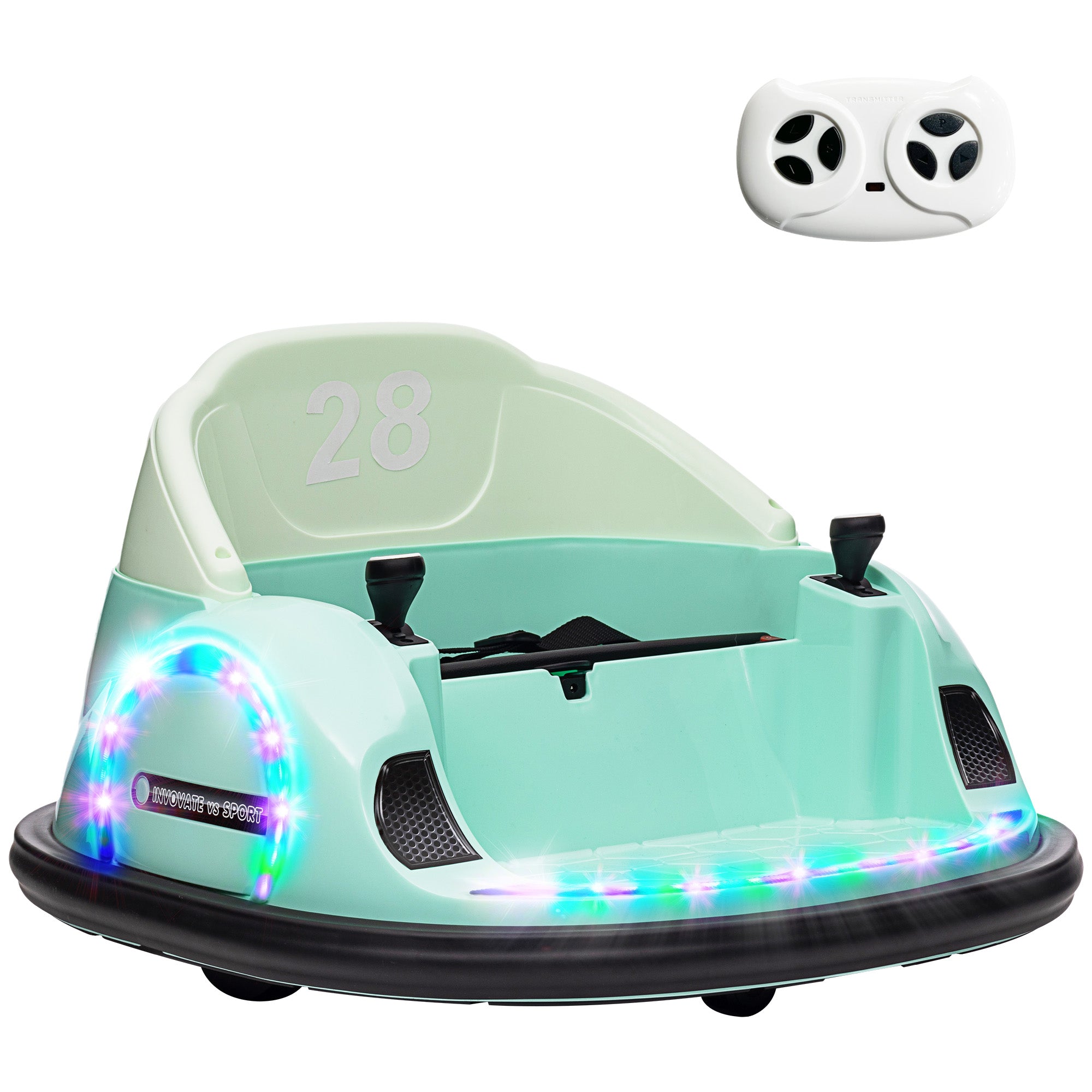 AIYAPLAY 360√Ç¬∞ Rotation Kids Bumper Car, 12V Waltz Car with Remote Control, Dual Joystick, Music, Lights, Green