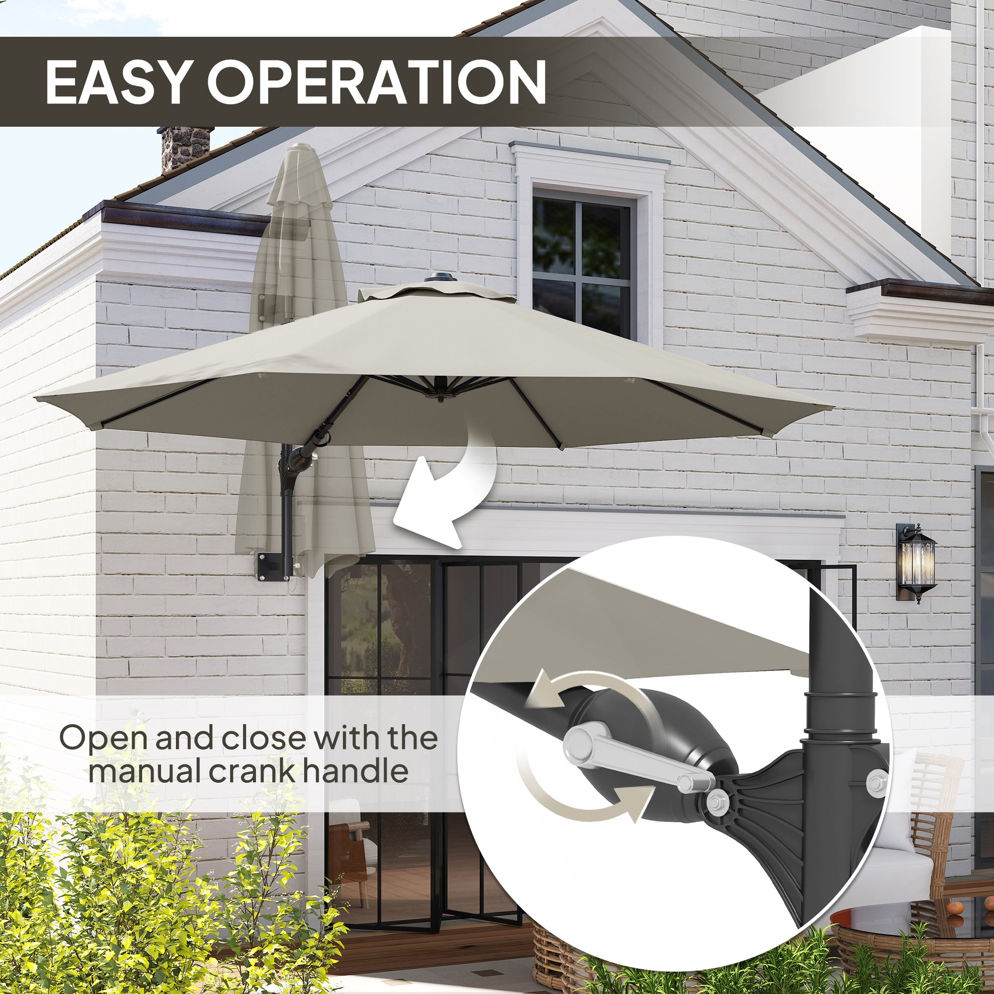 Outsunny 3(m) Wall-Mounted Parasol Shade, with Handle - Light Grey