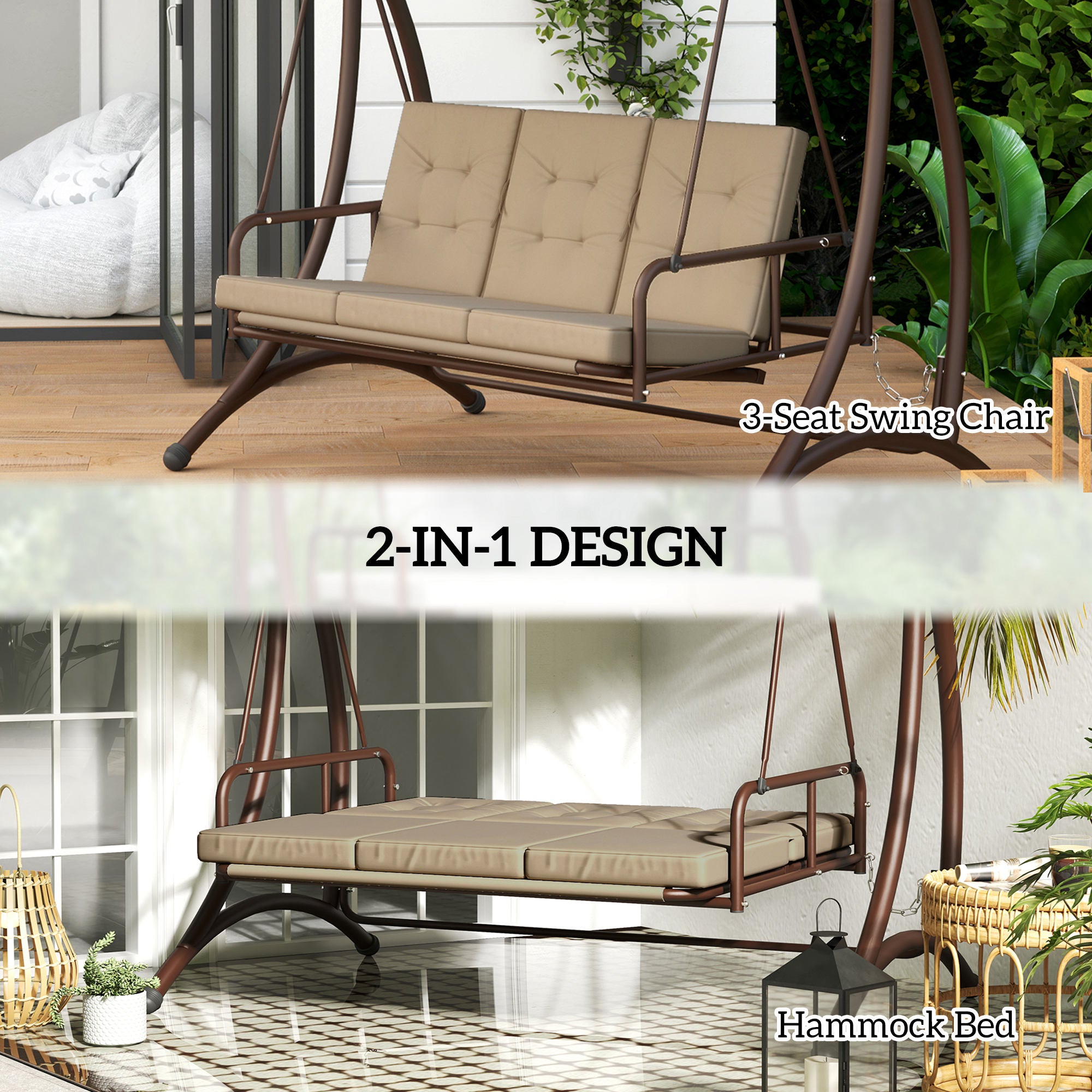 Outsunny Convertible Three-Seater Swing Bed - Khaki