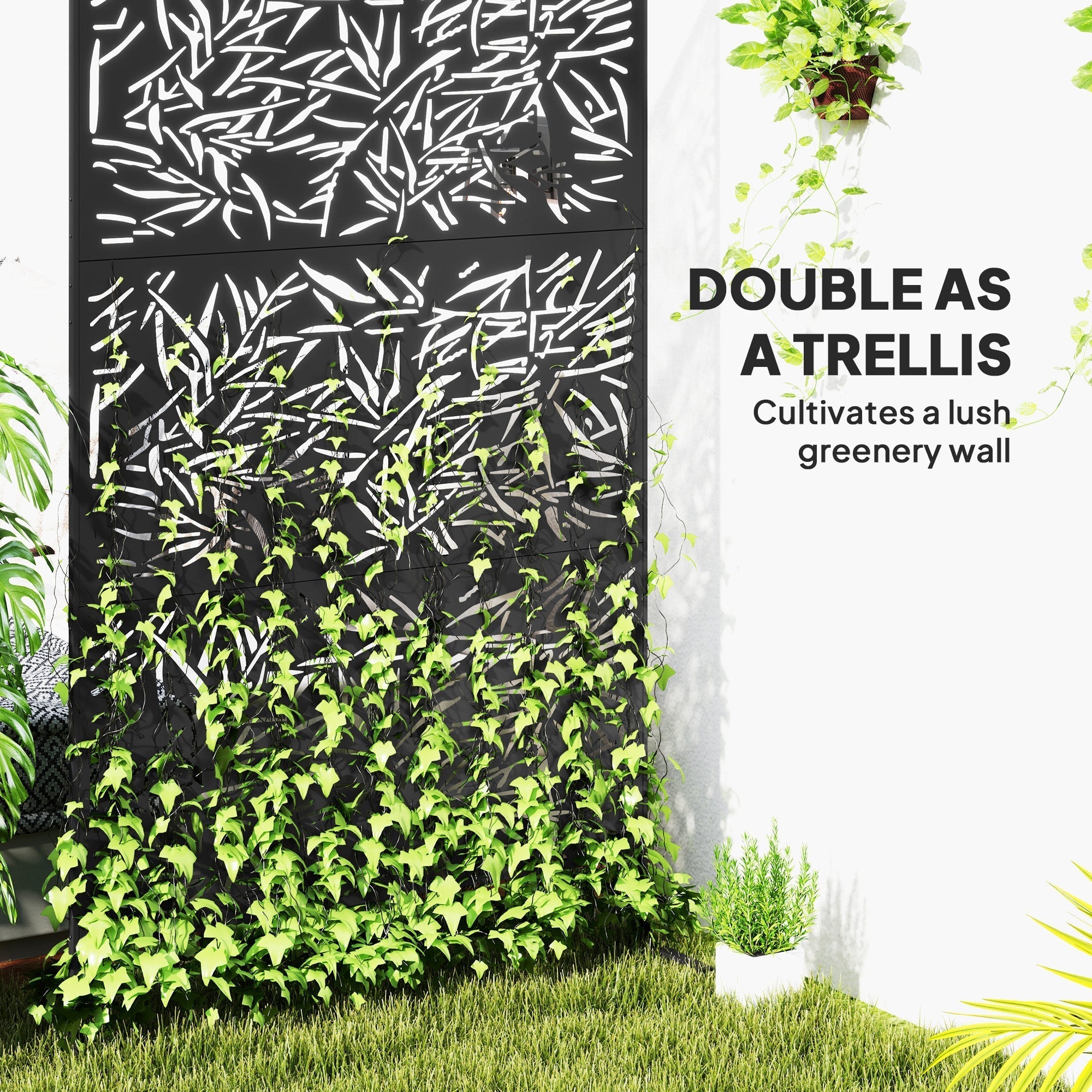 Outsunny Decorative Garden Privacy Screen with Stand, 6.5FT Freestanding Metal Outdoor Divider, Decorative Privacy Panel with Expansion Screws for Garden Pool Hot Tub, Bamboo Style, Black