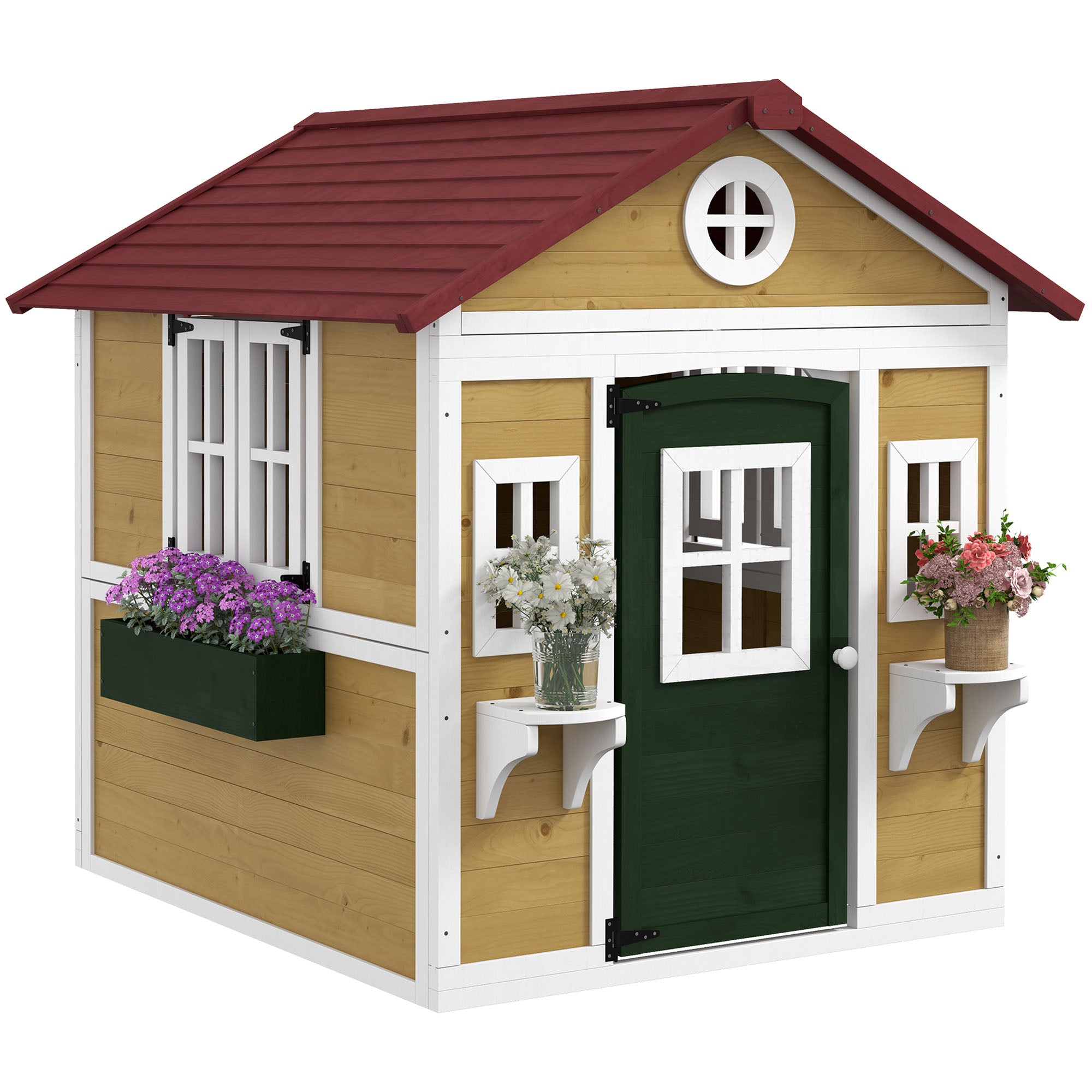 Outsunny Wooden Playhouse with Doors, Windows, Plant Pots, Boxes, for 3-8 Years - Beige
