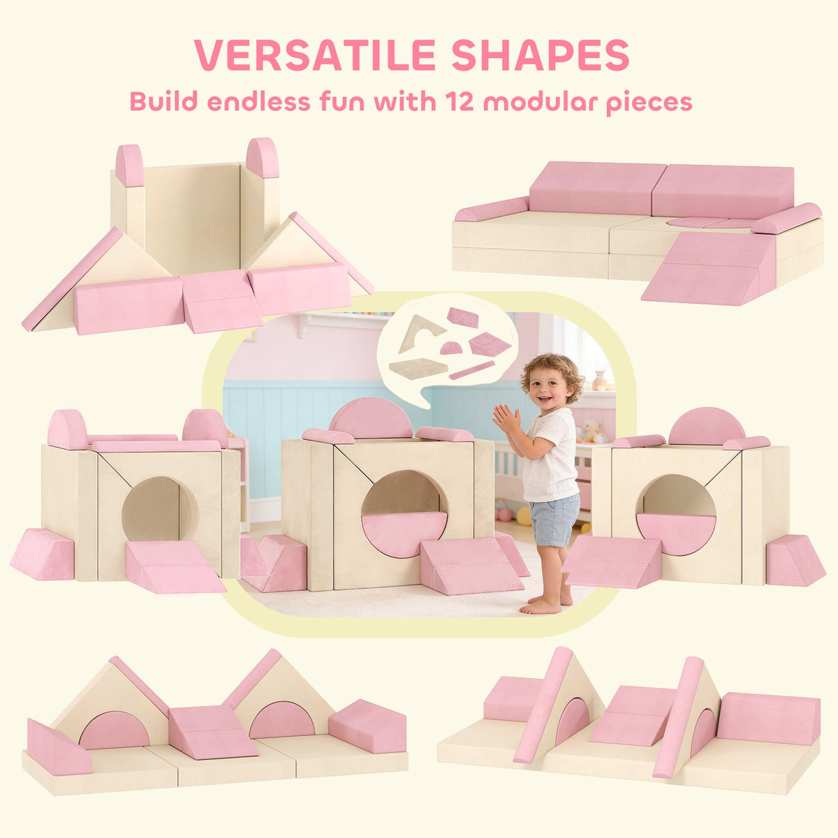 AIYAPLAY Kids Play Sofa, 12 Pieces Foam Modular Soft Play Set for Playroom, Children Convertible Sofa for Boys and Girls, Pink