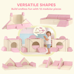 AIYAPLAY Kids Play Sofa, 12 Pieces Foam Modular Soft Play Set for Playroom, Children Convertible Sofa for Boys and Girls, Pink