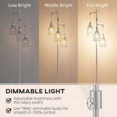 HOMCOM 170.5cm Industrial Dimmable Standing Lamp, 3-Light Floor Lamp with Steel Wire Cage Lampshades, Silver Tone