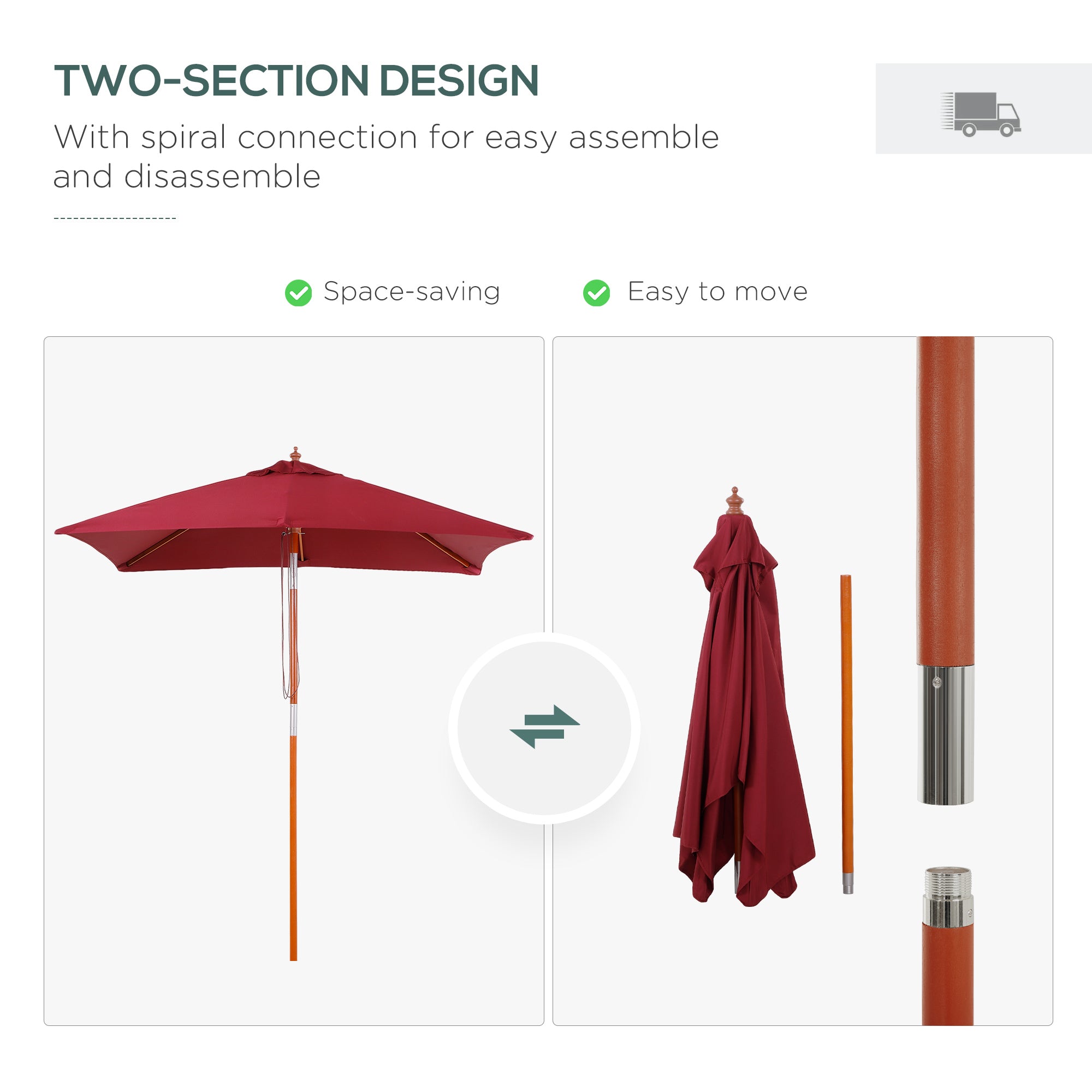 Outsunny 2m x 1.5m Garden Parasol Umbrella with Tilting Sunshade Canopy, Outdoor Market Table Umbrella with Wood and Bamboo Frame, Wine Red