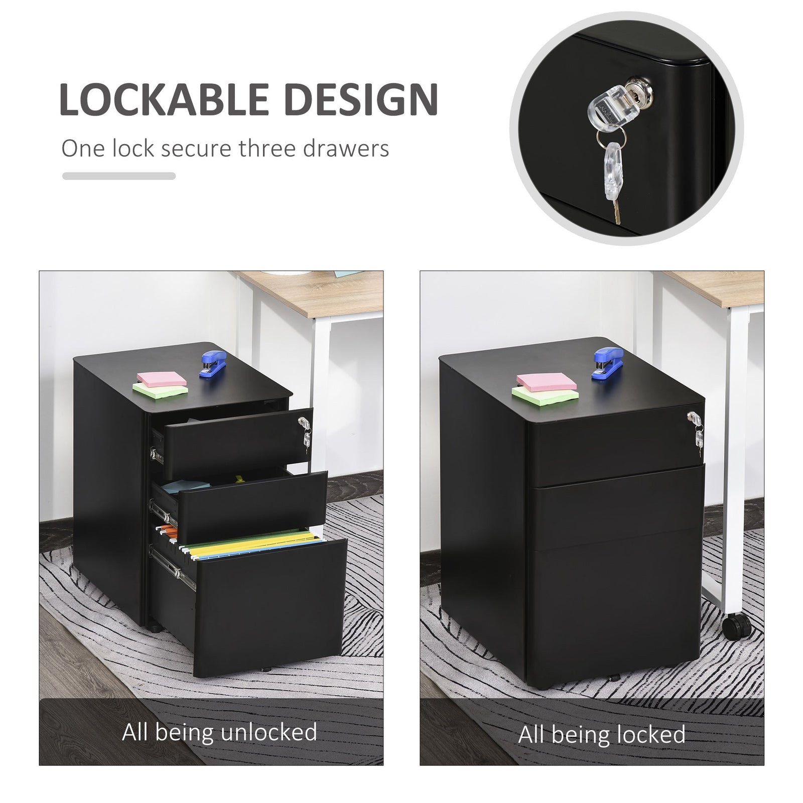 Vinsetto Lockable Cabinet, Rolling Filing Cabinet with 3 Drawers, Steel Office Drawer Unit for A4, Letter, Legal Sized Files