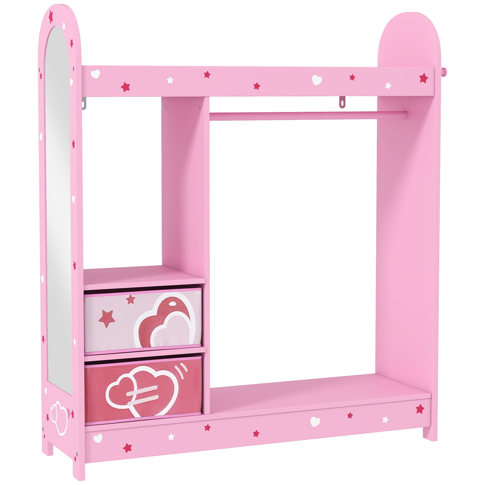 AIYAPLAY Kids Clothes Rail, Kids Wardrobe with Mirror, Shelves, Fabric Storage and Hooks for Bedroom, Nursery, Pink