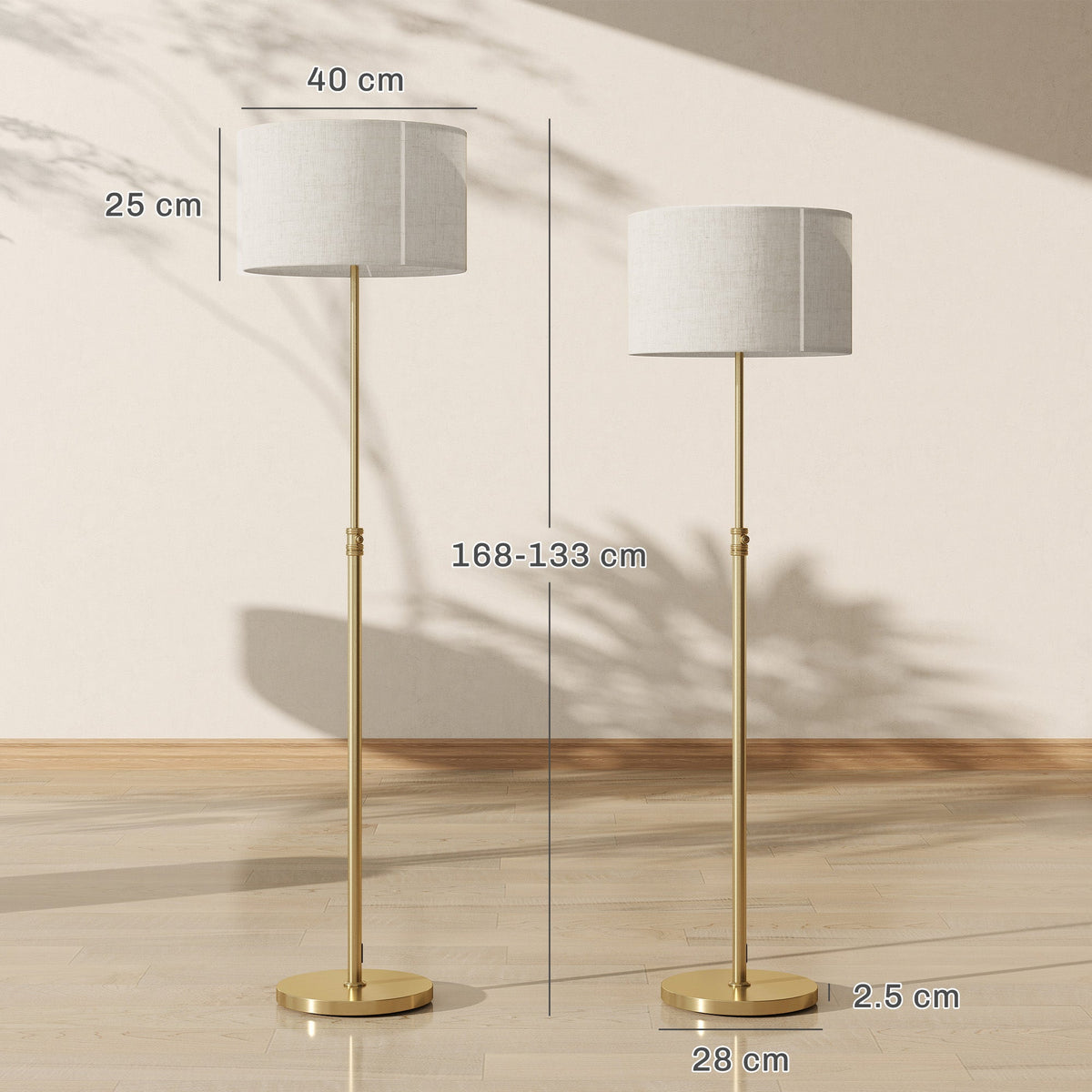 HOMCOM Floor Lamp with Remote, Height Adjustable Standing Lamp with Linen Shade, Dimmable with 3000K-6000K Adjustable Colour Temperatures, Foot Switch for Living Room Bedroom Office, Gold Tone