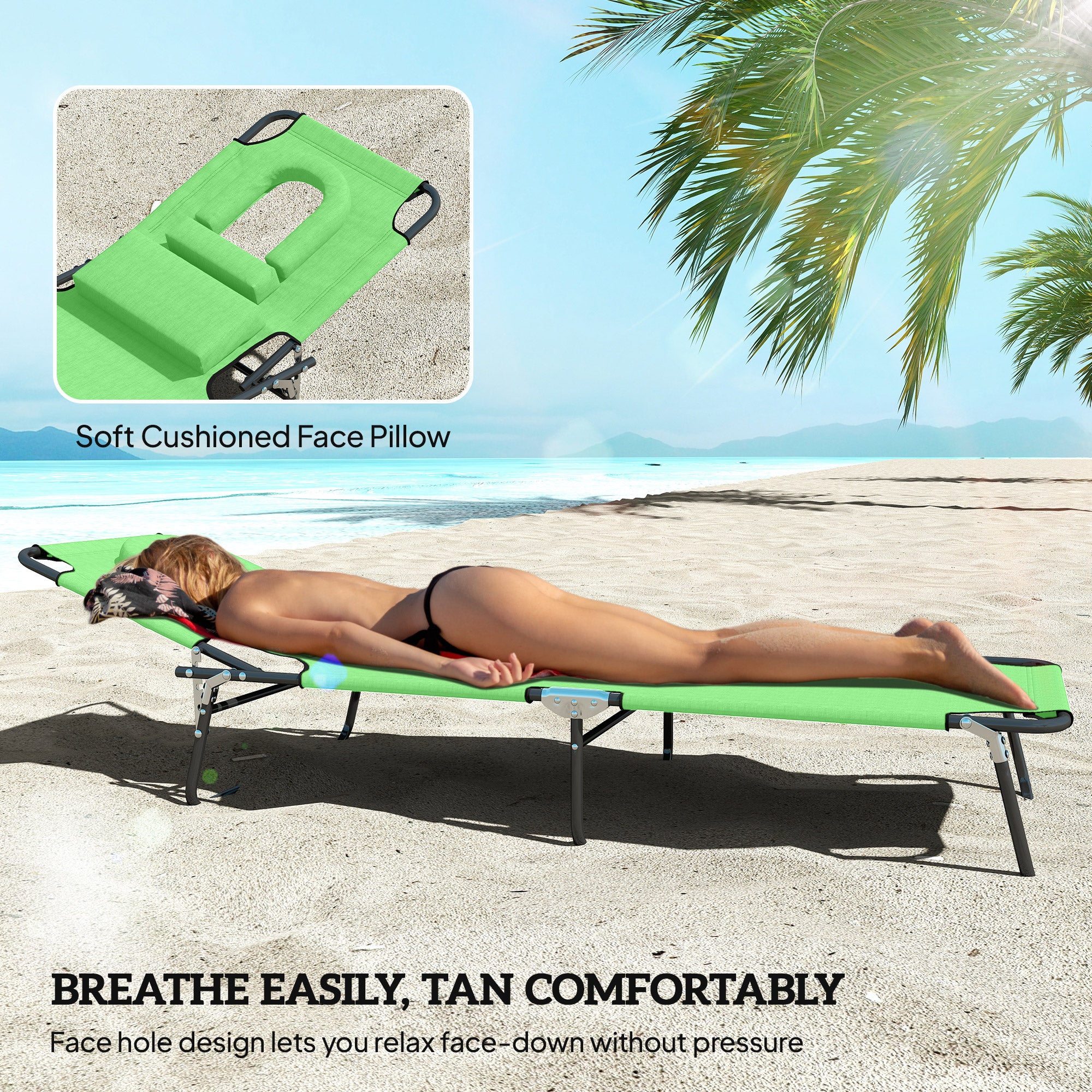 Outsunny Outdoor Folding Sun Lounger with Face Hole, 4 Level Adjustable Backrest Reclining Garden Lounger, Garden Recliner Sunbed with 600 D Oxford Cloth Seat and Pillow for Beach, Green